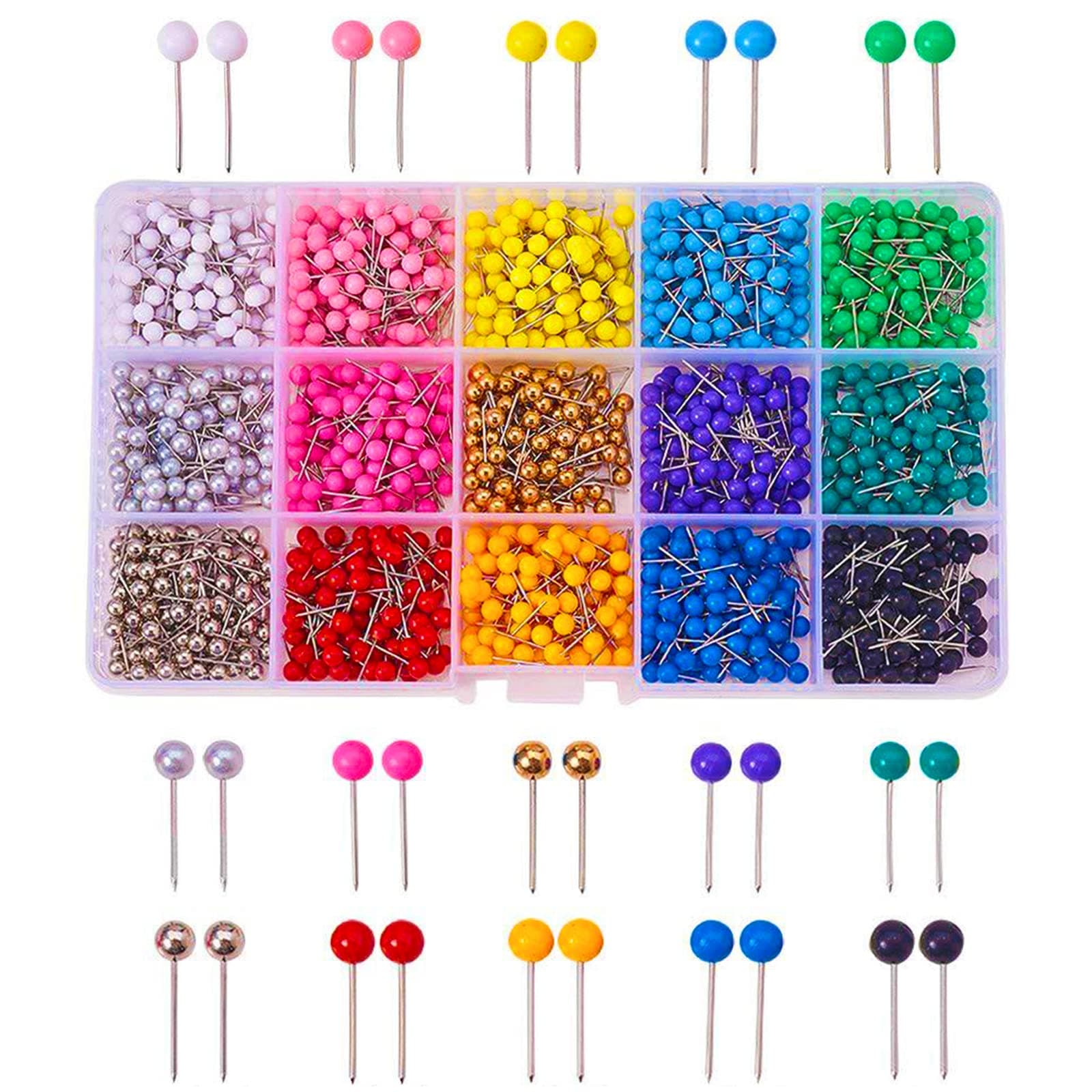 ZYNERY 1500 PCS Colored Push Pins – 1/8-Inch Extra-Strong Plastic Round Head Map Tacks, Fabric Marking & Bulletin Boards | Map Pins for Travel Map, Wall Art & Office Projects | 15 Vibrant Colors