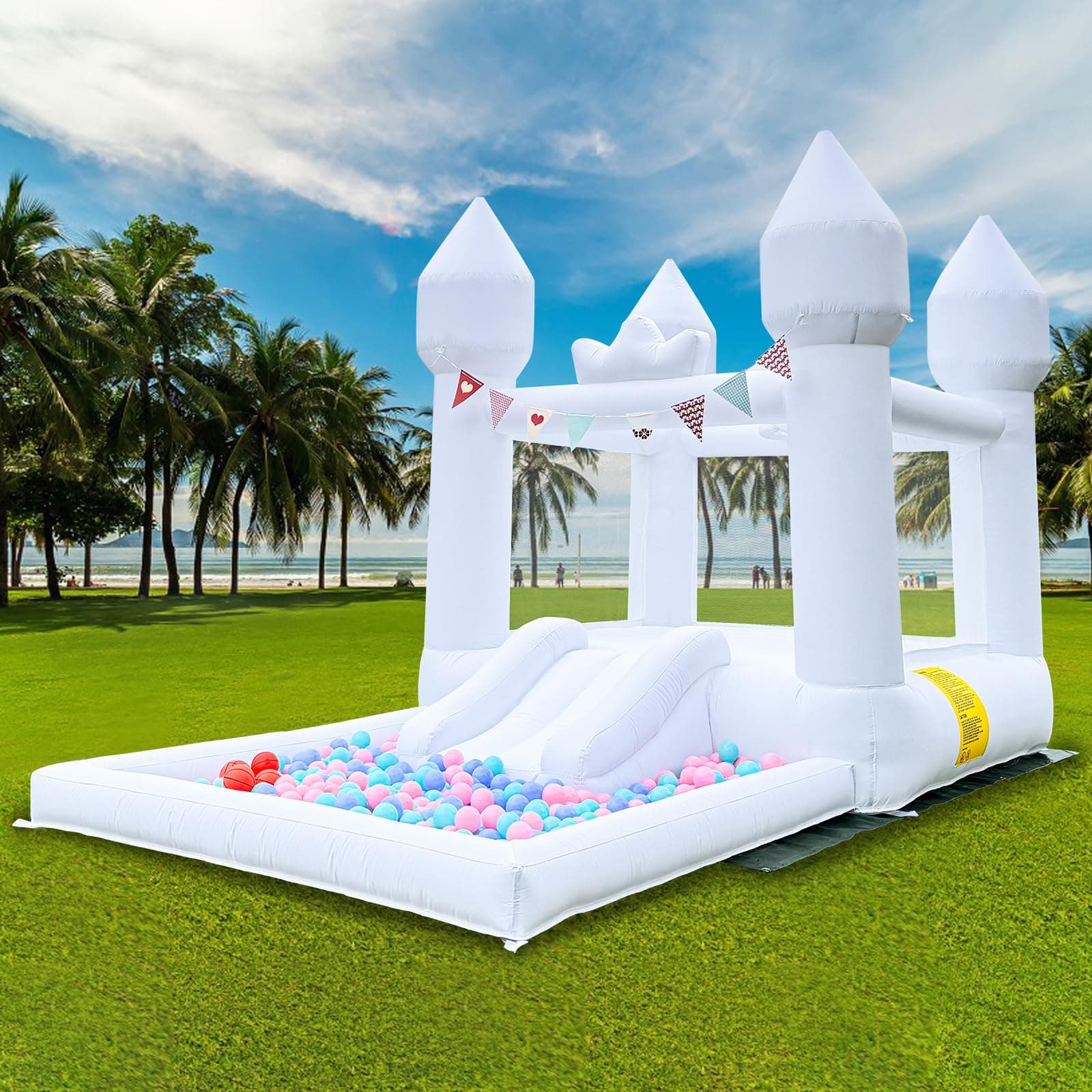 12.5FT Inflatable White Bounce House Inflatable White Slide Pool Jumper Large Bouncy Castle Wedding Decorations for Kids and Adult Outdoor Birthday Party(Includ Blower)