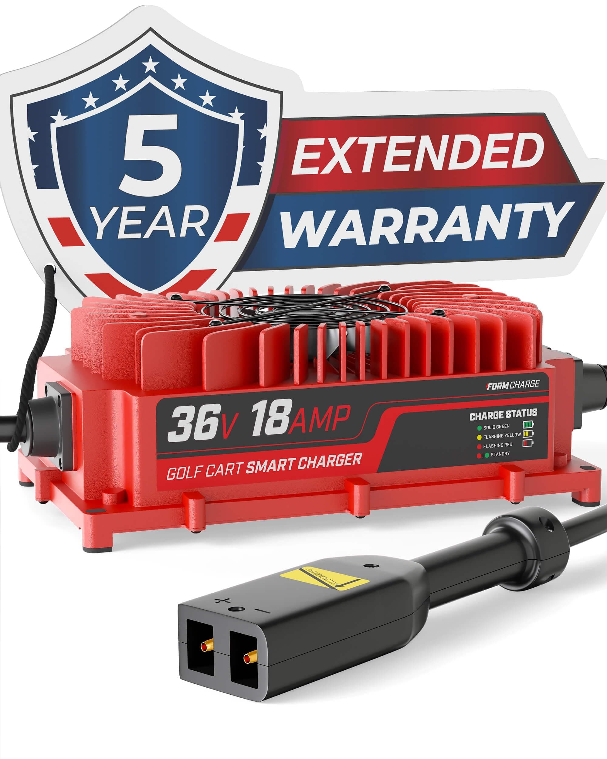 FORM 36 Volt Golf Cart Battery Charger for EZGO TXT Golf Carts with D-Style Plug - 36V 18AMP Lead Acid Battery Charger - Waterproof Design