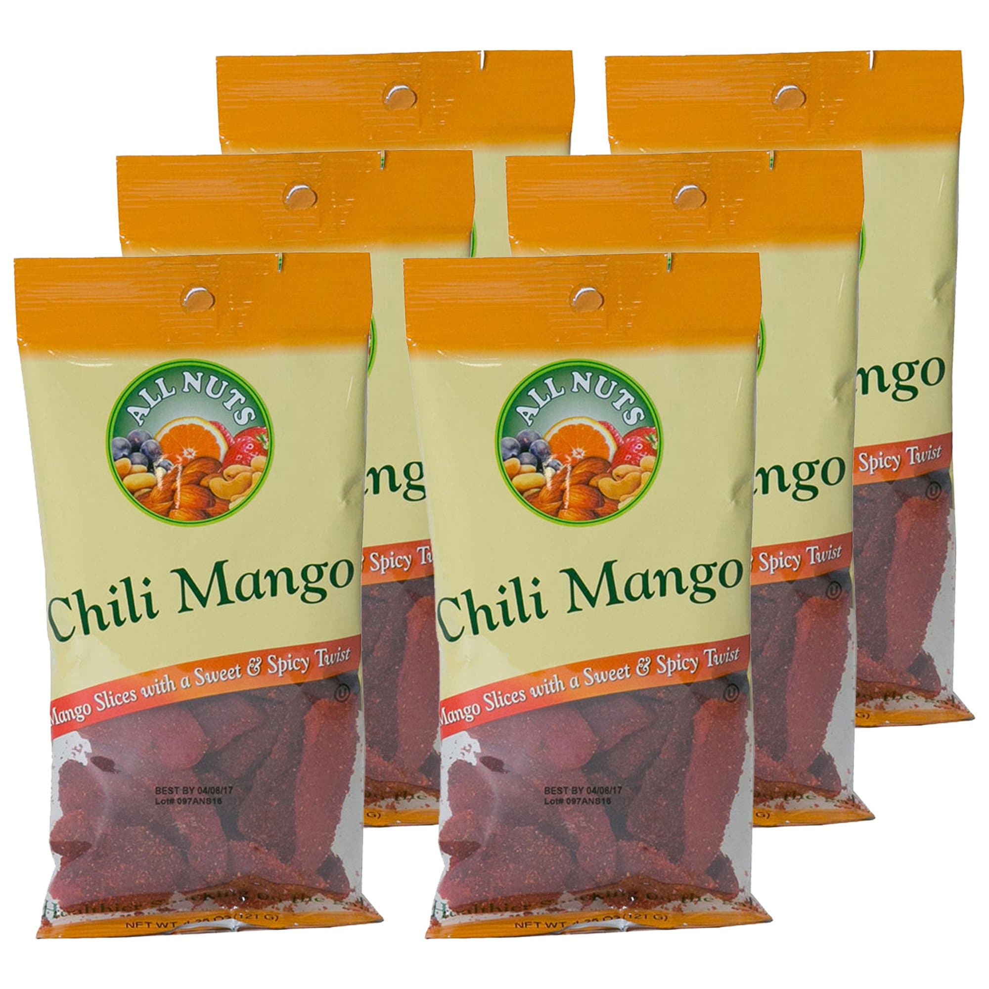 All Nuts 6 Pack Chili Mango Slices with a sweet and Spicy Mango Twist 4.25oz Bags - 1.59LB