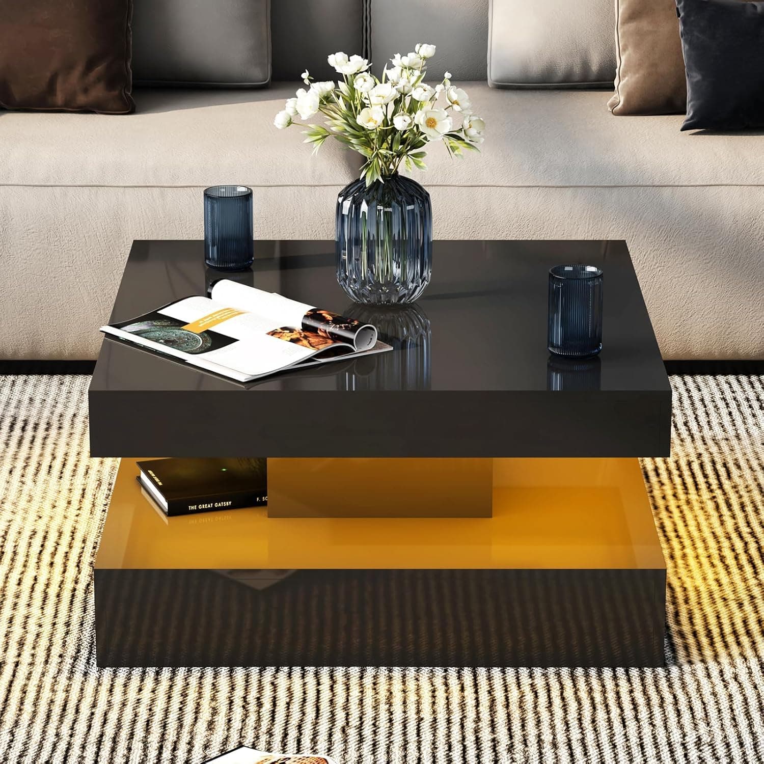 Black Glossy Square Coffee Table for Living Room, Modern Coffee Tables with Storage, LED Light Coffee Table 2-Tier Square Middle Center Table,Contemporary Wood Tea Tables for Dining 