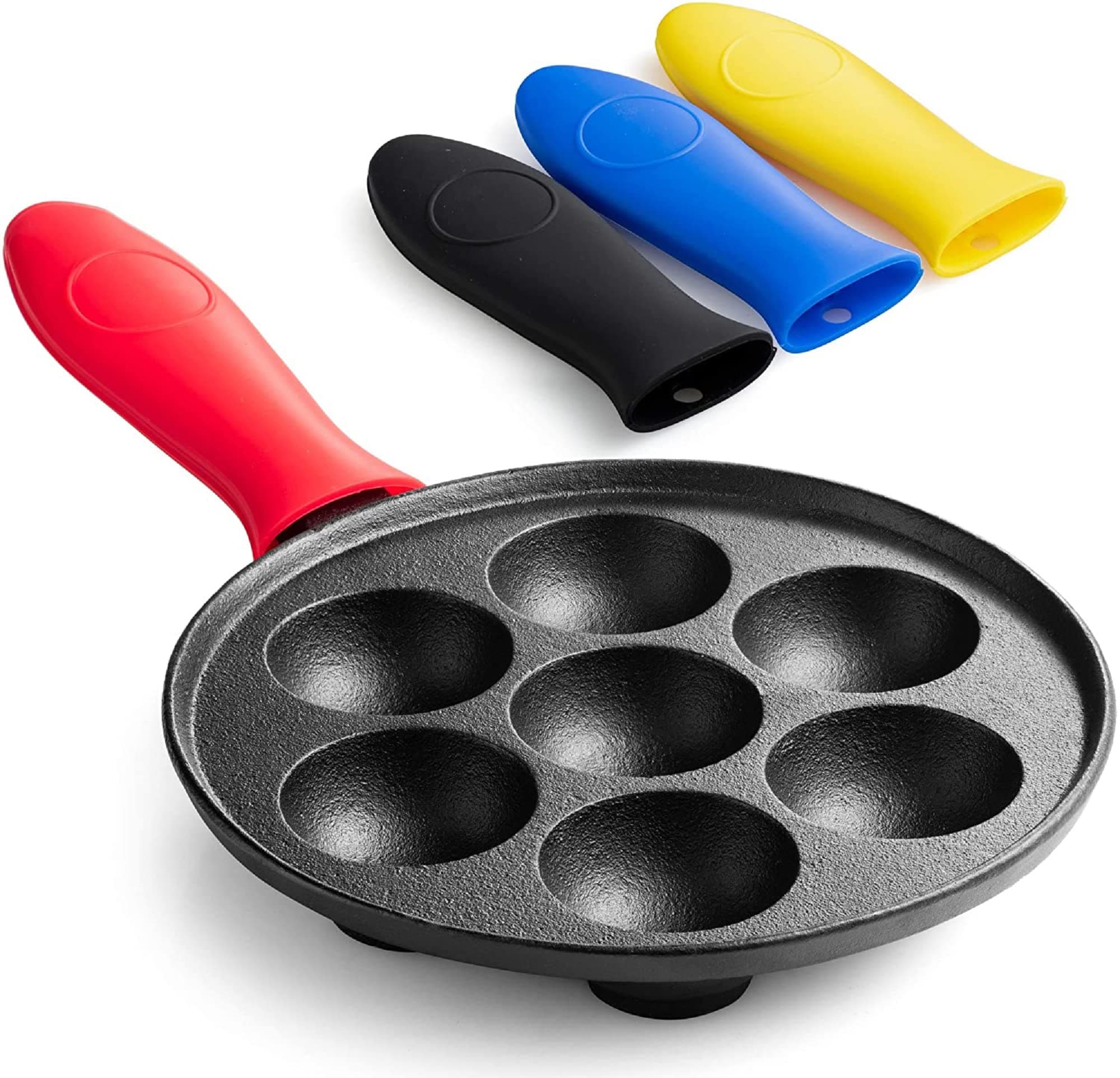 Klee Cast Iron Aebleskiver Pan with Silicone Handle Covers - Pre-Seasoned, Non-Stick Pancake Pan for Pan for Danish Stuffed Pancake Balls - 8" Diameter, 1.5" Deep