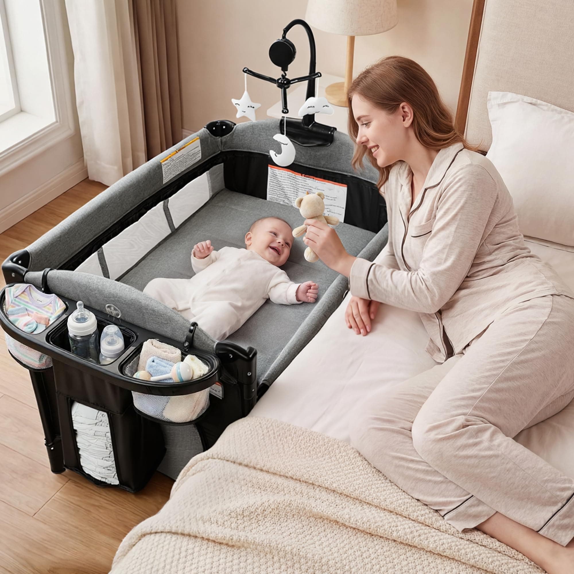 Kinder King 4 in 1 Portable Baby Playard, Foldable Baby Bedside Crib w/Bassinet, Infant Pack and Play Playard Toddler Large Playpen, Newborn Changing Table, Storage Basket, Grey