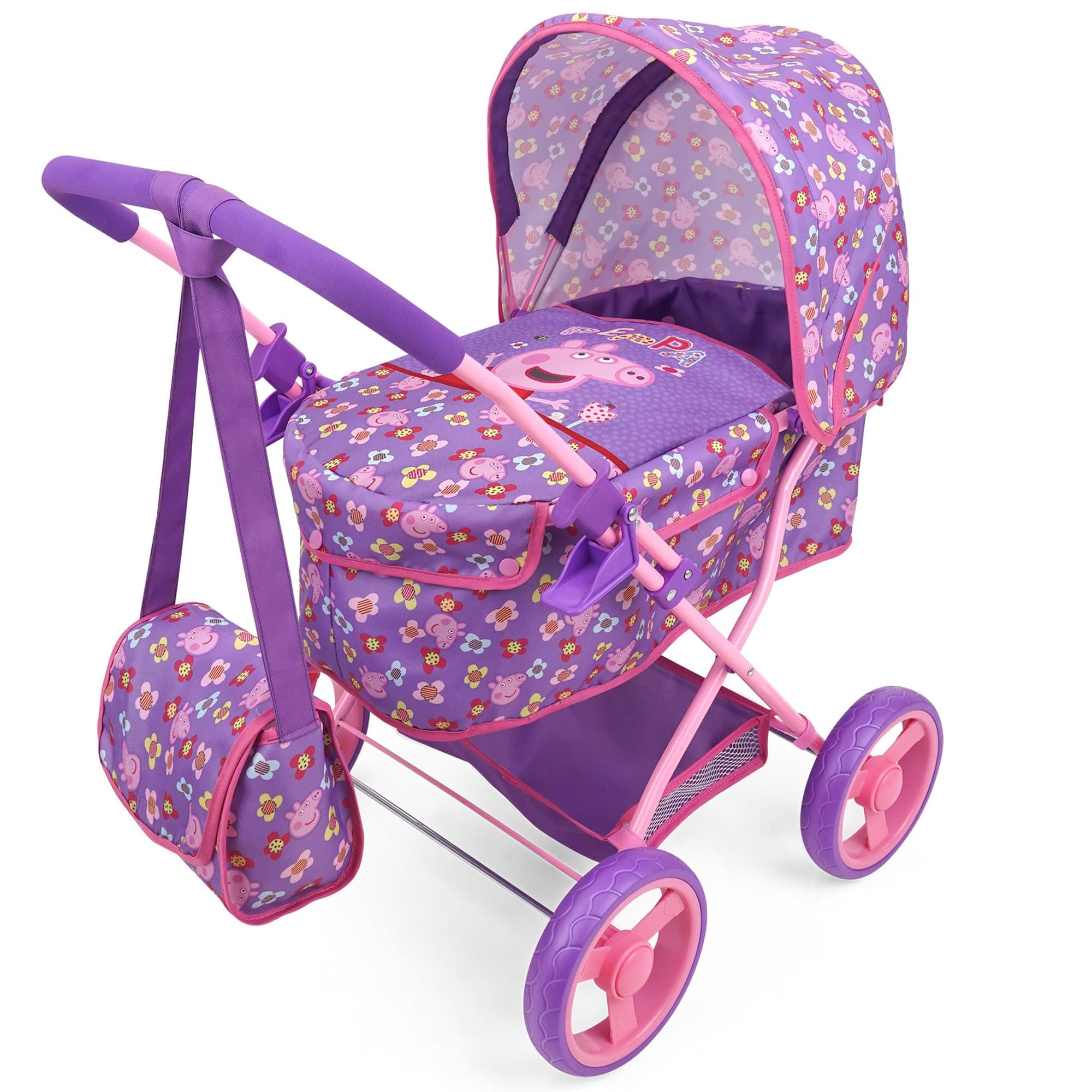 Peppa Pig: Doll Deluxe Pram & Bag - Purple, Pink, Flowers - Accessory for Dolls Up to 18", Shoulder Bag, Foldable, Retractable Canopy, Kids to, Age 3+