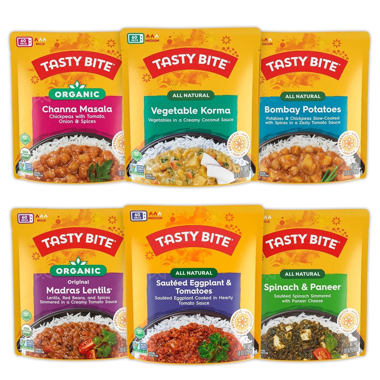 Variety, Pack of 6, Bombay Potatoes, Kashmir Spinach, Punjab Eggplant, Channa Masala, Madras Lentils, Vegetable Korma