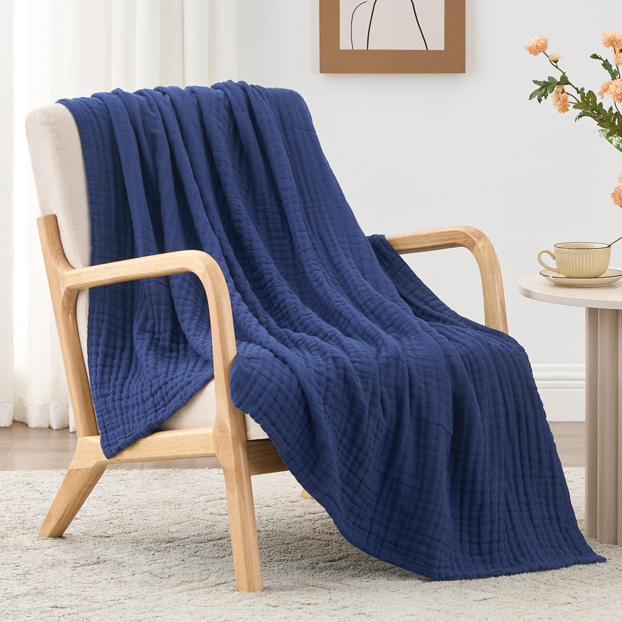 Love's cabin 6 Layer Cotton Muslin Blanket, 55"x80" Twin Muslin Blanket for Couch Bed, Navy Blue Muslin Throw Blanket, Cotton Gauze Blanket for Adult, Lightweight and Breathable Blanket All Season