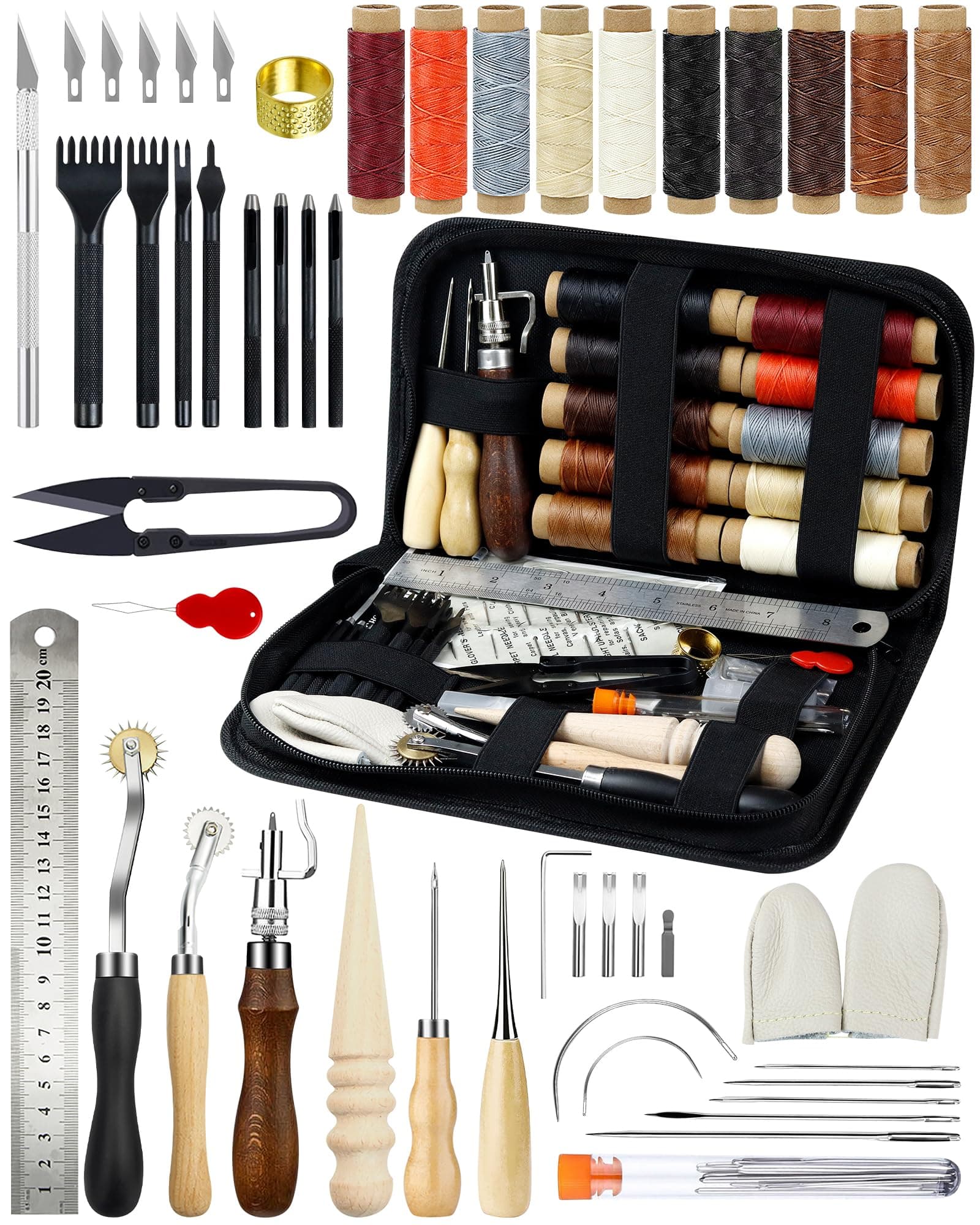 PLANTIONAL Leather Working Tools for Beginners: Professional Leather Craft Kit with Waxed Thread Groover Awl Stitching Punch for Leathercraft Adults Gifts
