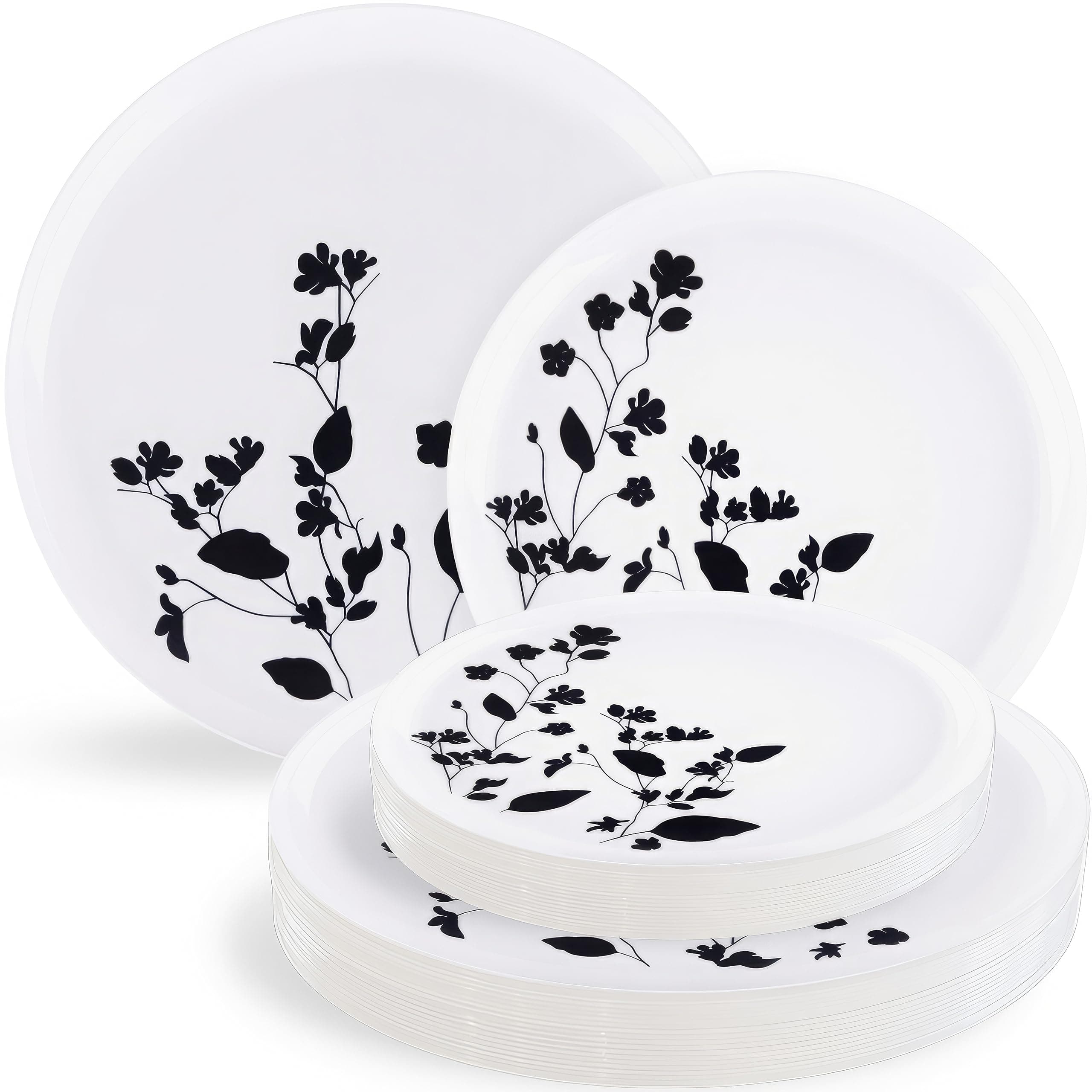 Blue Sky Garden Collection White With Black Garden Design Combo Plate Set - (8.6"- 10 count, 10.6-10 count) - Round, Disposable and Reusable Dinnerware for Parties and Events