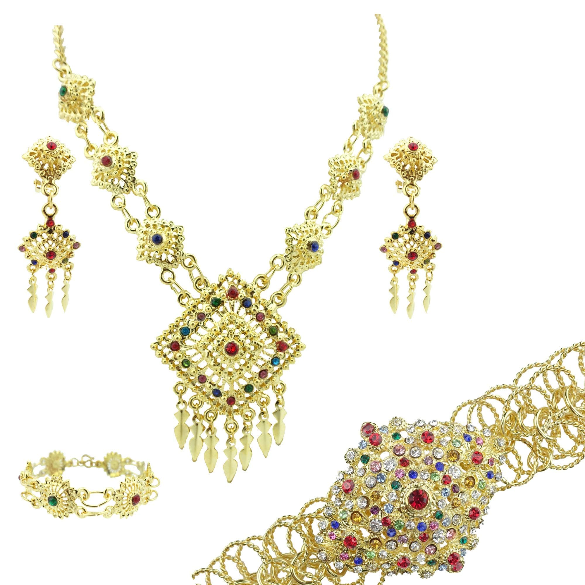 Siwalai Thai Traditional Gold Plated Multicolor Crystals Necklace Earrings Bracelet Belt Jewelry Set