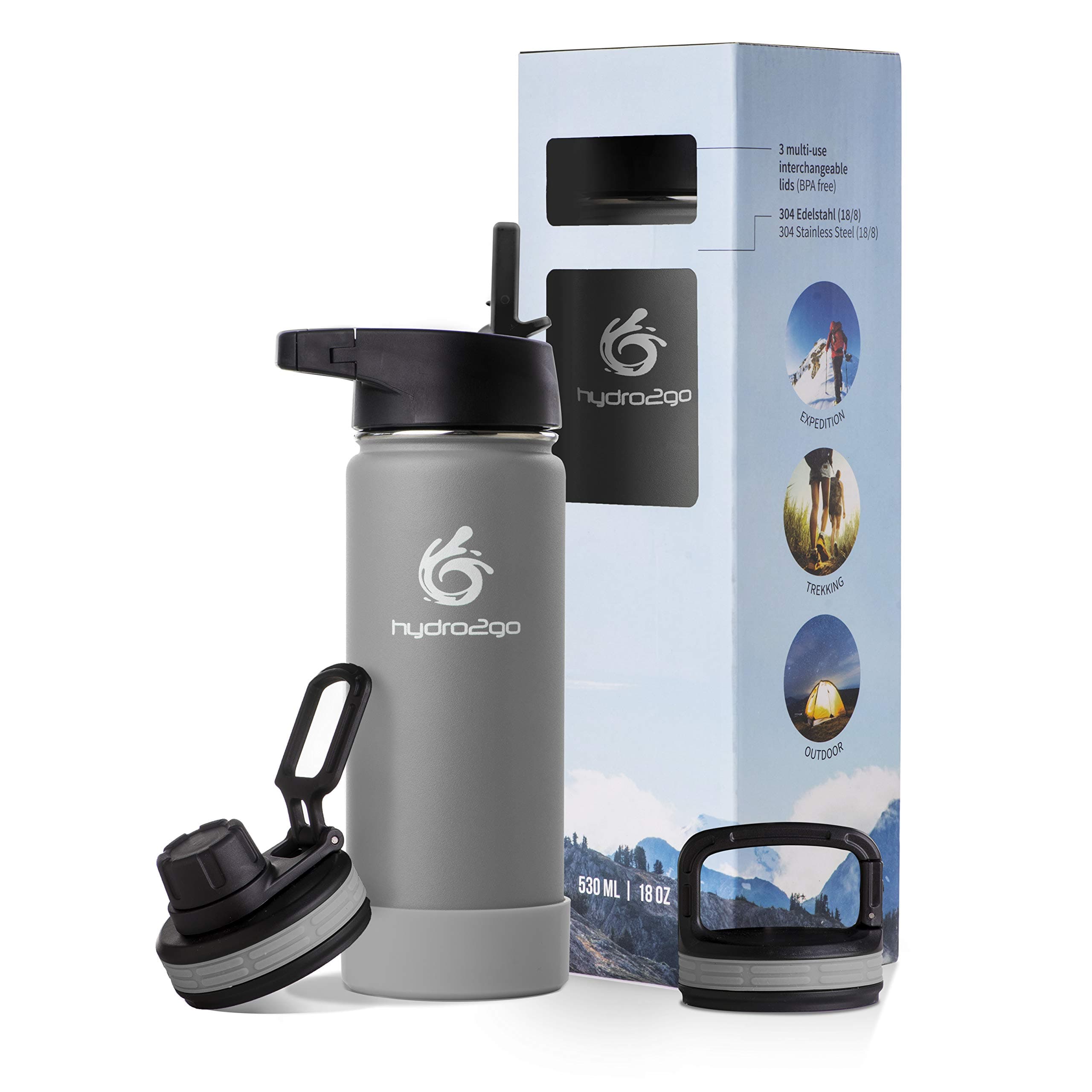 hydro2goStainless Steel Water Bottle – 500ml, BPA-Free & Leak-Proof – 3 Caps for Kids, School, Sports & Outdoors – Thermal Bottle Stone Gray 2.0