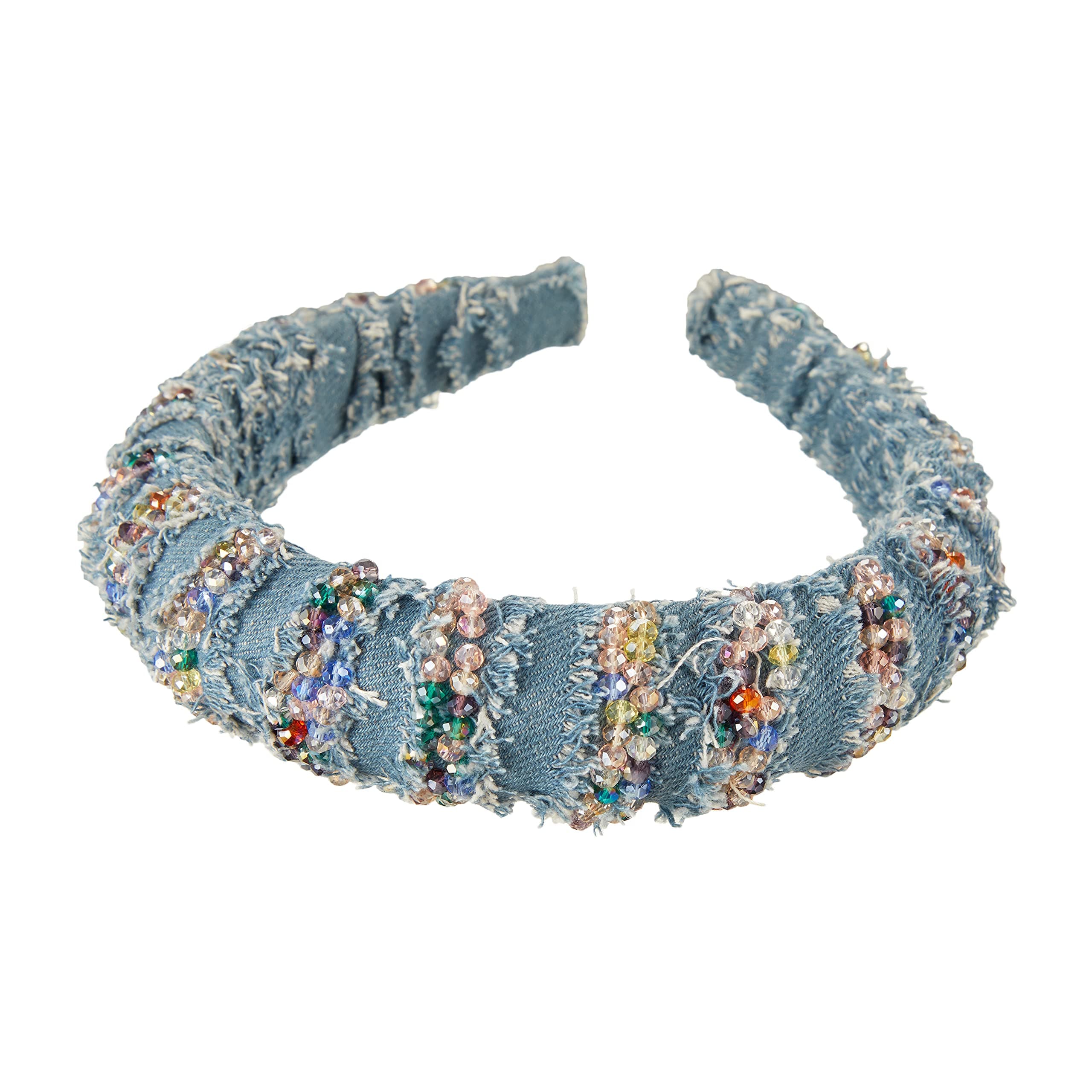 MOONSTONE Wide Padded Denim Brim Ripped Beaded Embellished Fashion Headband for Women and Ladies, Handmade, 33mm, Adjustable Size, Light Sky Blue