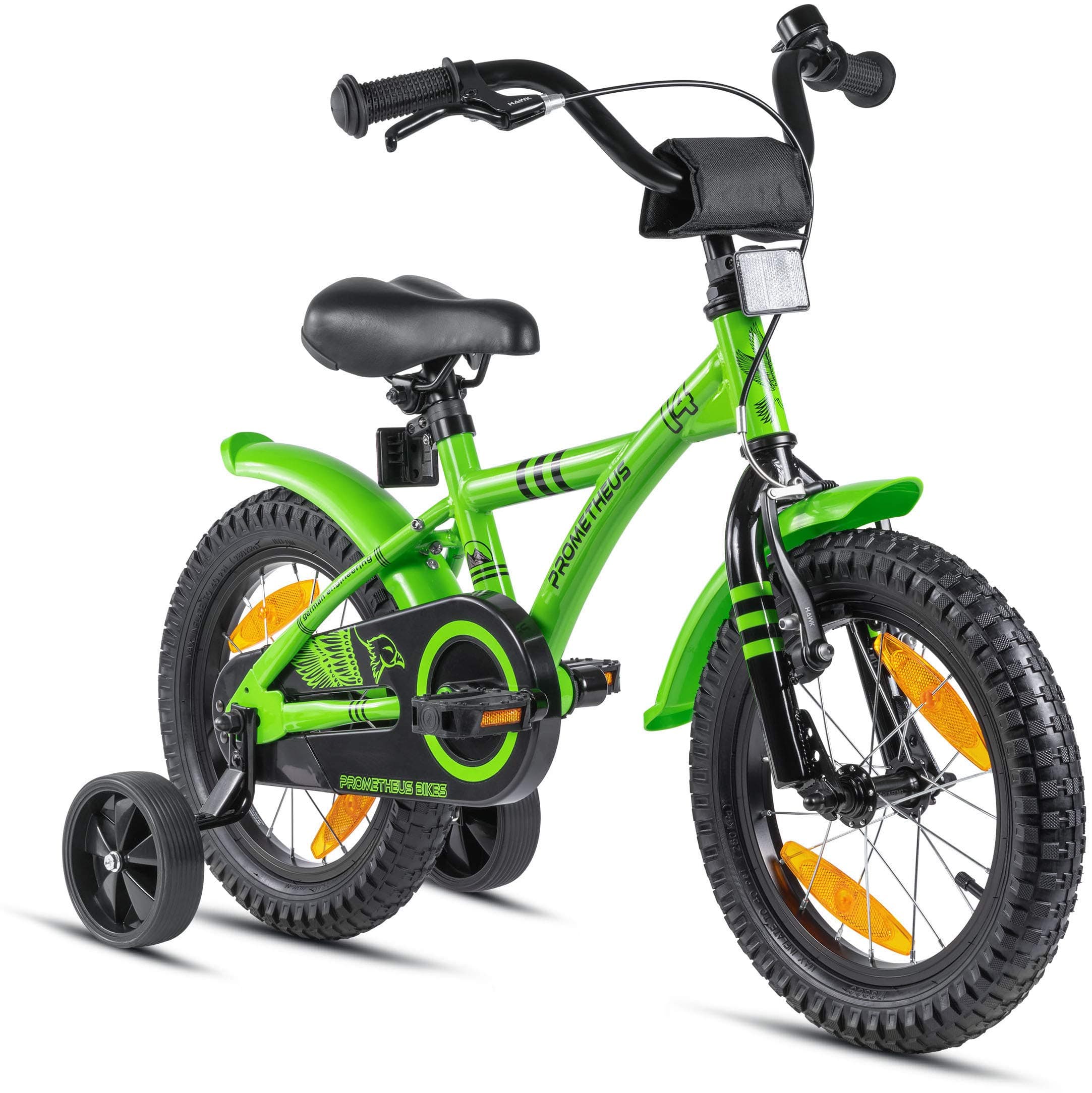 PROMETHEUS 14 inch boys bike in colour green black boys bike with stabilisers | Caliper brake and backpedalling brake | From age 3 - 4 years | 14" BMX Edition new model 2016