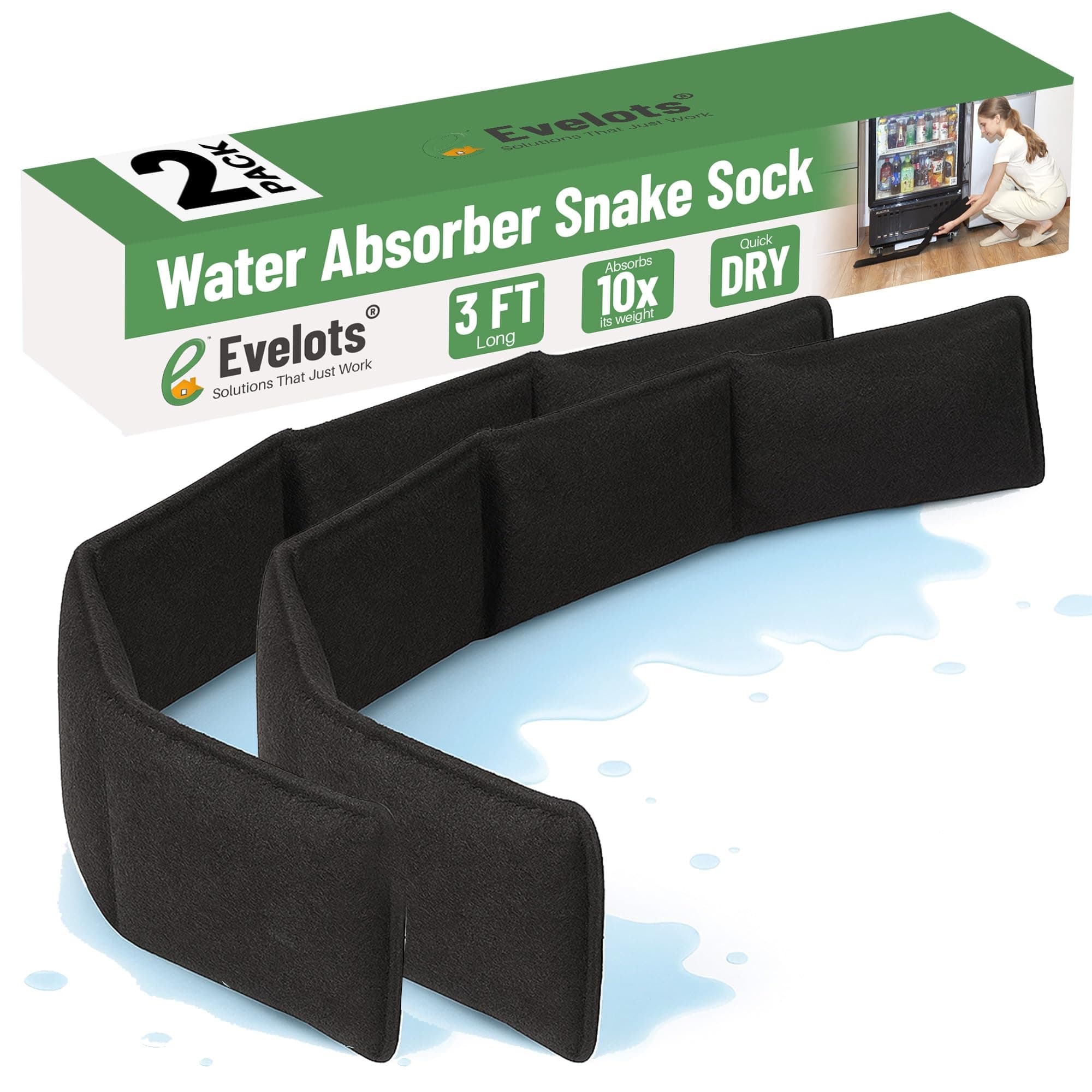Evelots Water Absorber Snake -2 Pack-Reusable Water Barrier - Absorbs 10 Times its Weight-Great for Leaks or Spills from Doors, Windows, Water Tank, Heavy Rain, Shower Tub- 3 Ft Long
