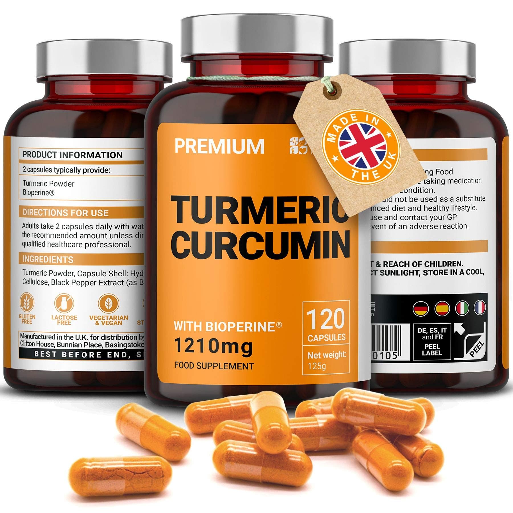 Turmeric Curcumin with Black Pepper Extract (BioPerine) 1210mg | High Strength Vegan Capsules | No Additives or Binders | Non-GMO & Gluten-Free | UK Made