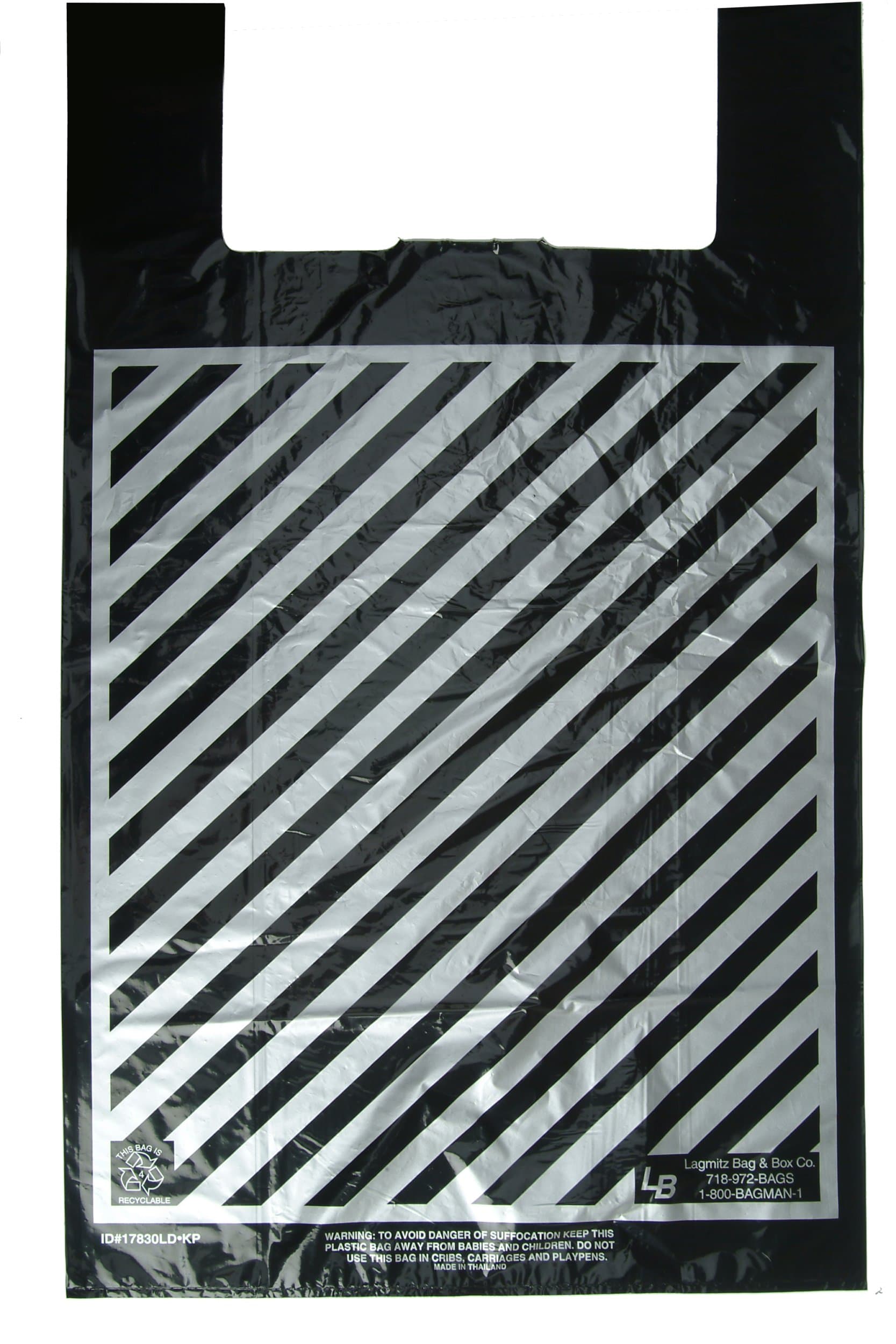 Plastic Shopping Bags, 500pcs"Super Duper"Size: 23x9x43 20 Microns"LITE" Black Bags with Silver Stripes, 30.8 cents per bag, 154.00 per case.