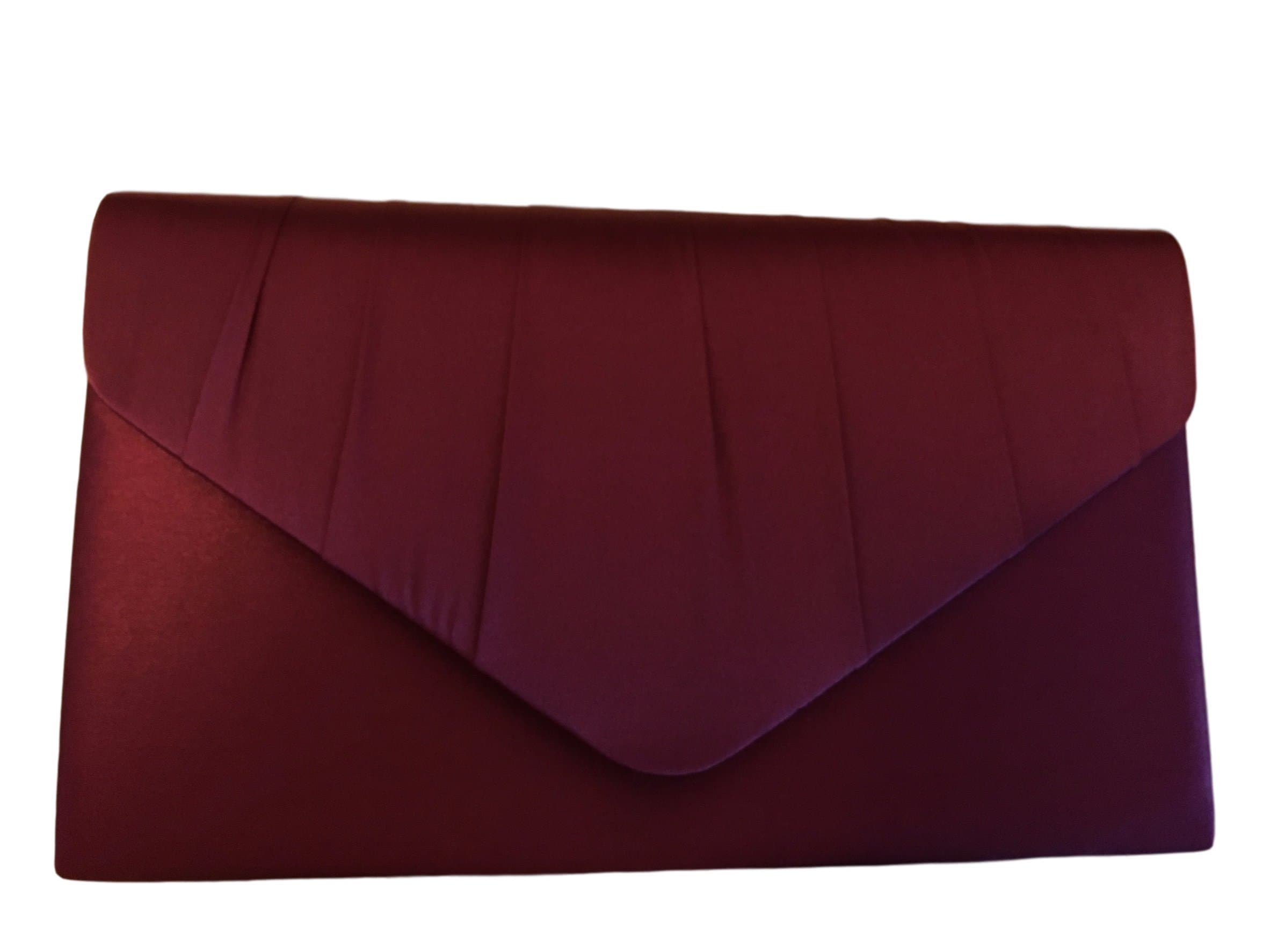 Purple Possum UK Burgundy Satin Envelope Clutch Bag, Claret Evening Bag, Ladies Wine Coloured Shoulder Bag, Prom Wedding