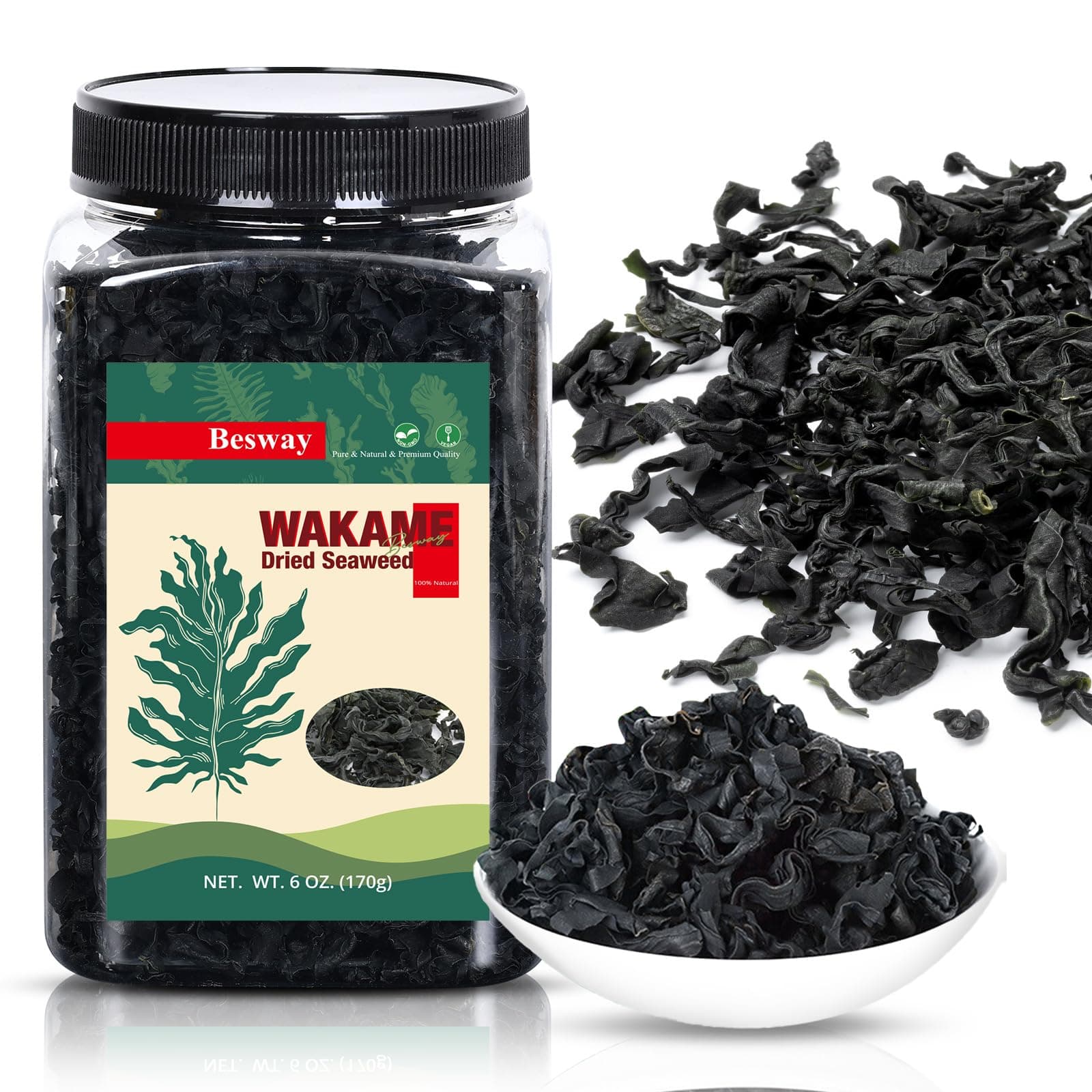 Besway Wakame Seaweed 6 oz, 100% Nature Dried Seaweed for Seaweed Salad, Flavorful Soups & Stews, Healthy Dried Vegetables Non-GMO, Gluten Free