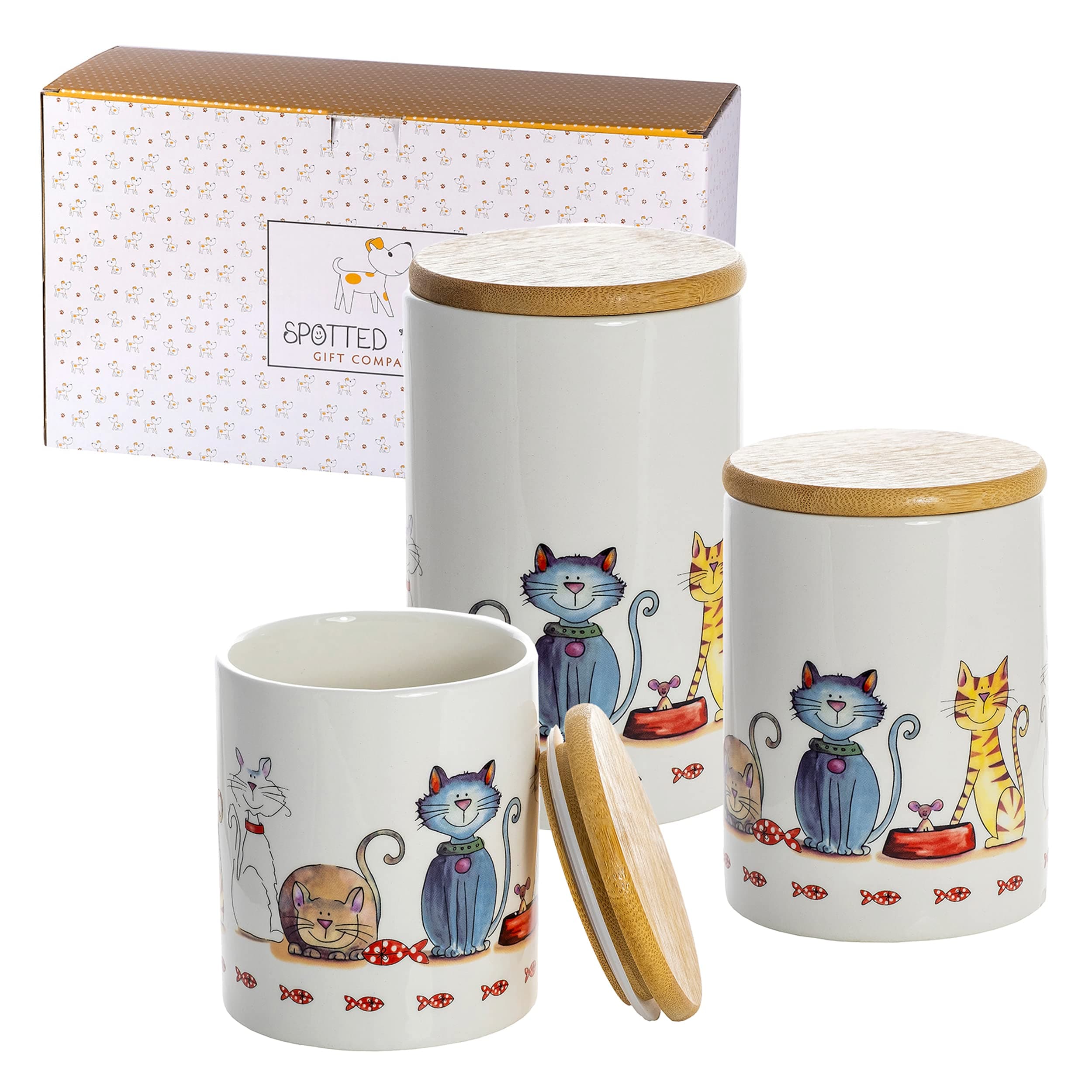 SPOTTED DOG GIFT COMPANY Tea Coffee Sugar Canisters, Set of 3 Ceramic Storage Jars Treat Containers with Lids Airtight, Cute Cat Themed Kitchen Accessories Home Décor, Gift for Cat Lovers Women