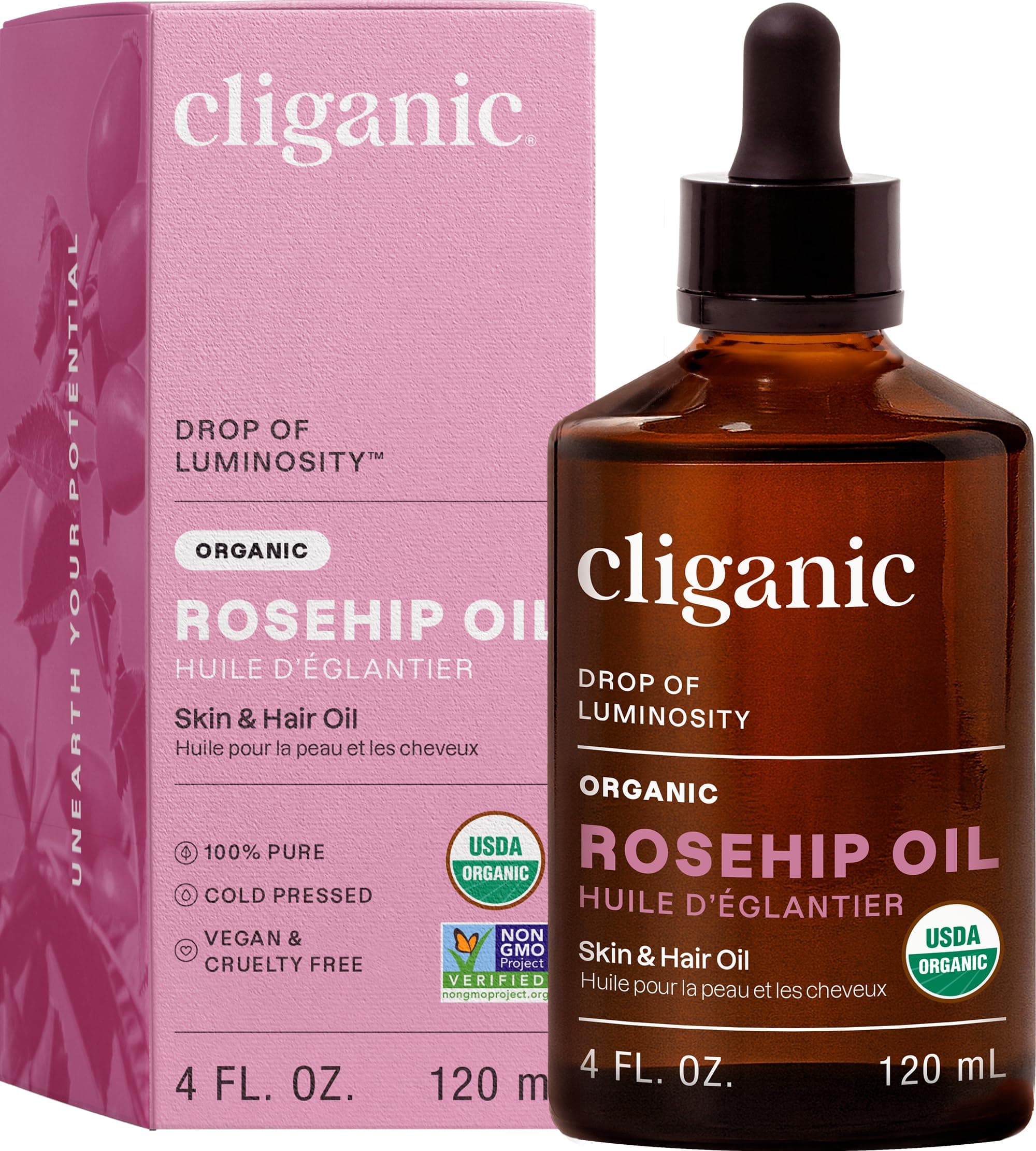 Cliganic Organic Rosehip Seed Oil for Face, 100% Pure | Natural Cold Pressed Unrefined Non-GMO | Carrier Oil for Skin, Hair & Nails (Packaging May Vary)