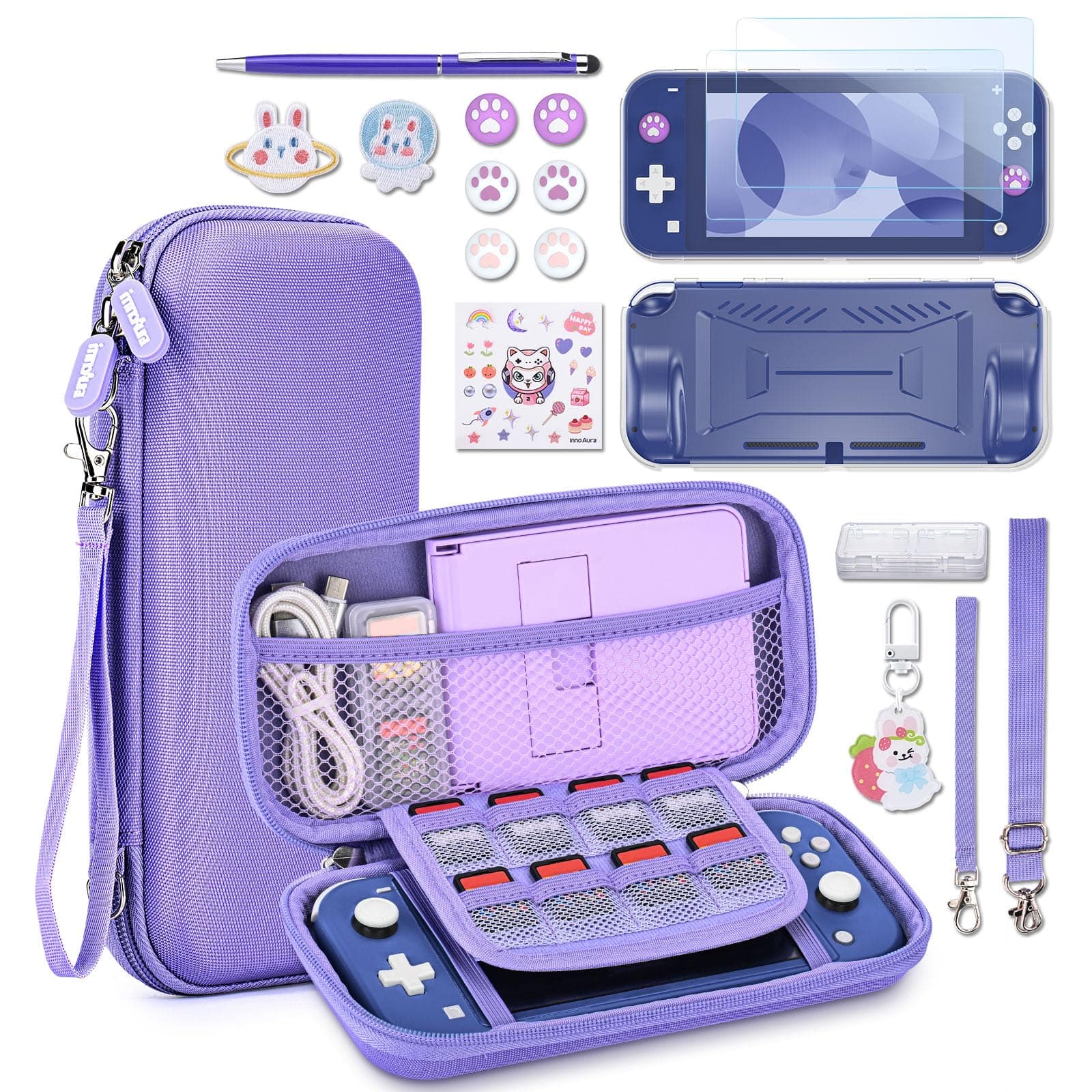 innoAura Switch Lite Case 17 in 1 Switch Lite Accessories with Switch Lite Case, Switch Games Storage, Switch Protective Film for Switch Lite, Switch Stand, Switch Joystick Caps (Purple)