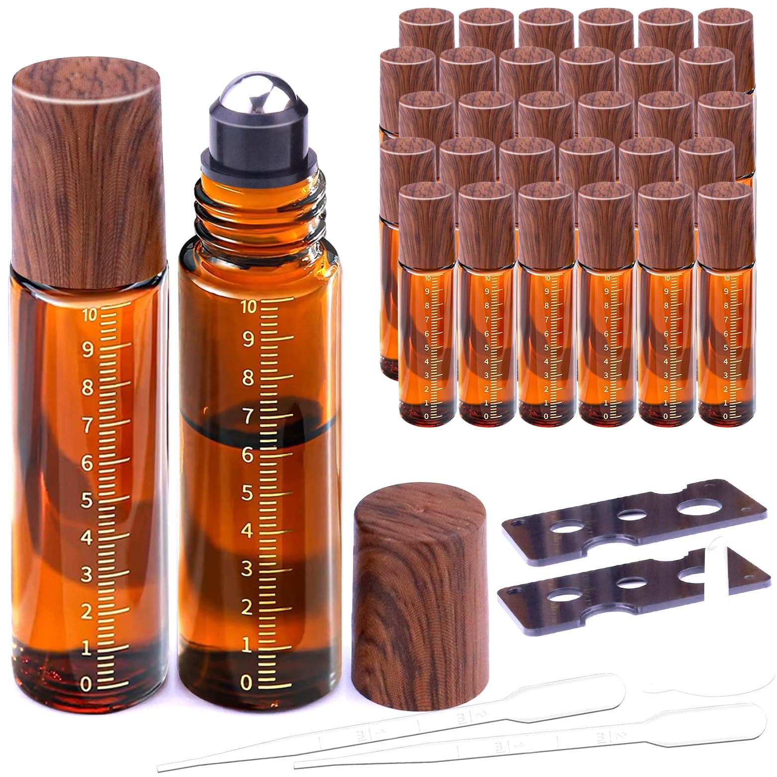 30pcs Essential Oil Roller Bottles, Amber Glass Roller Balls for Essential Oils, 10ml Empty Rollerball Bottles for Travel Refillable Roll on Perfume