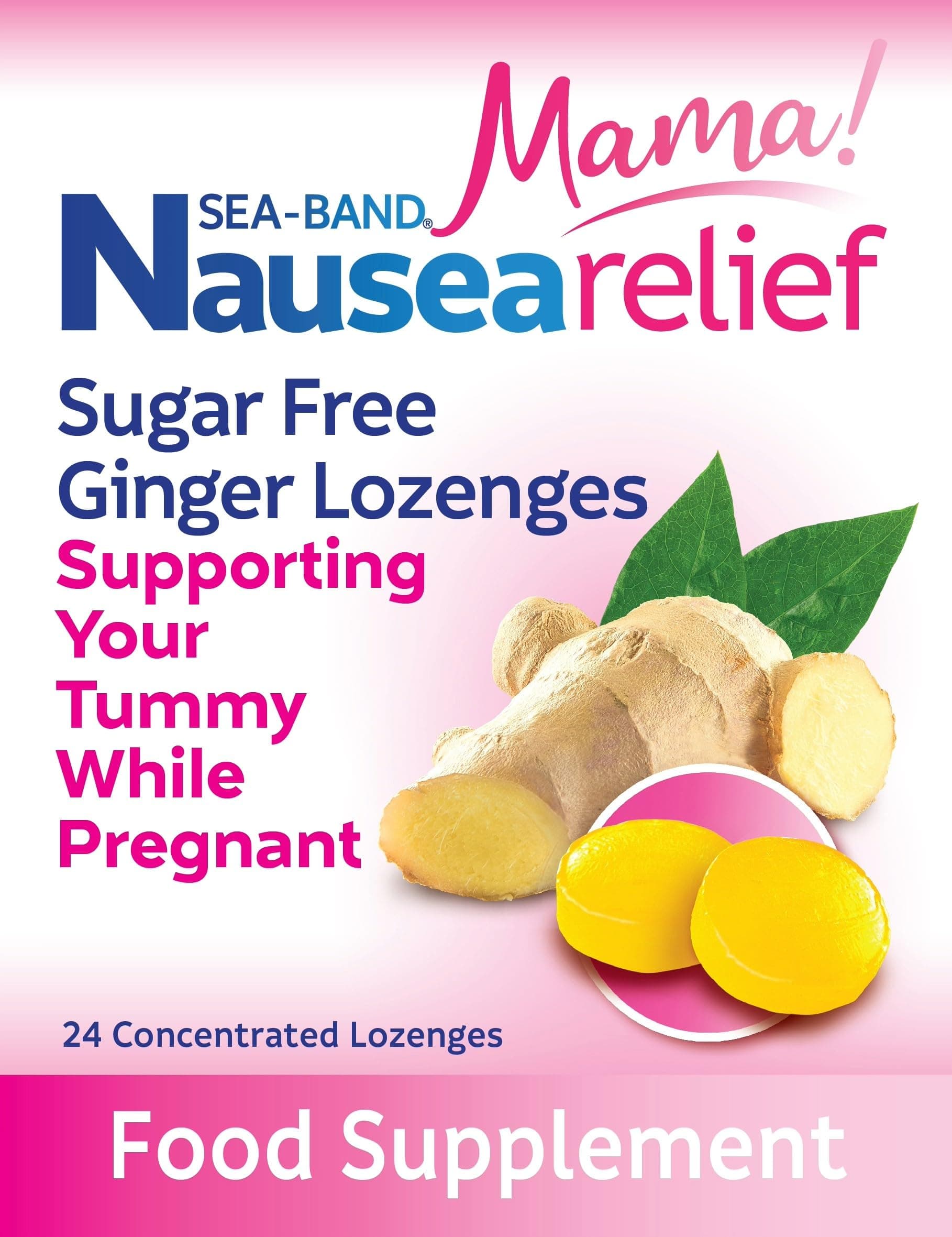Sea-Band Mama! Morning Sickness Sugar Free Ginger Lozenges (24 Pack) for Motion Sickness and Nausea Relief while Pregnant (24 Lozenges, Pack of 1)