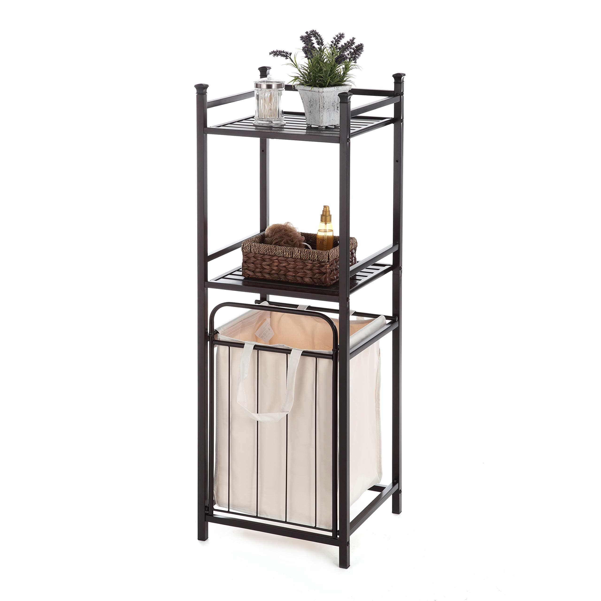 Home Zone Bathroom Storage Shelf with Laundry Basket Sorter, 3-Tiers and Shelving Liners | Heavy Duty Restroom Space Saver with Oil-Rubbed Finish (Rustic Style)