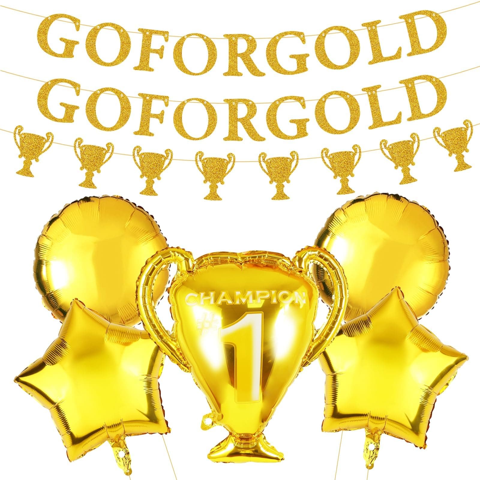 Olympic Party Decorations Glitter Go for Gold Banner with Champion Trophy Foil Balloon Olympic Champion Themed Games Party Balloons Banner Decorations for Sports Birthday Party Decorations