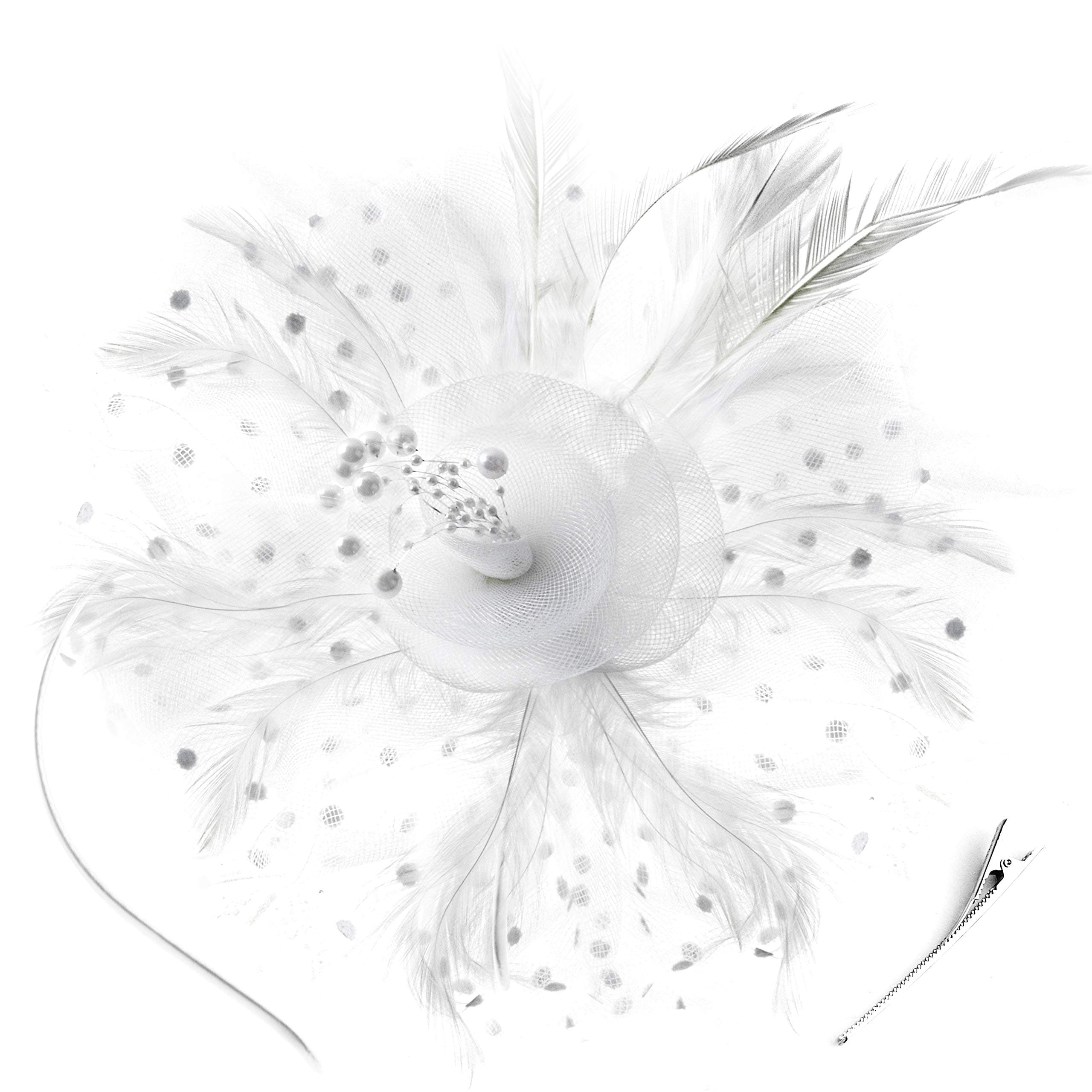 Fascinators Women Sinamay Mesh Wedding Cocktail Hats Tea Party Derby Headband (B-White)