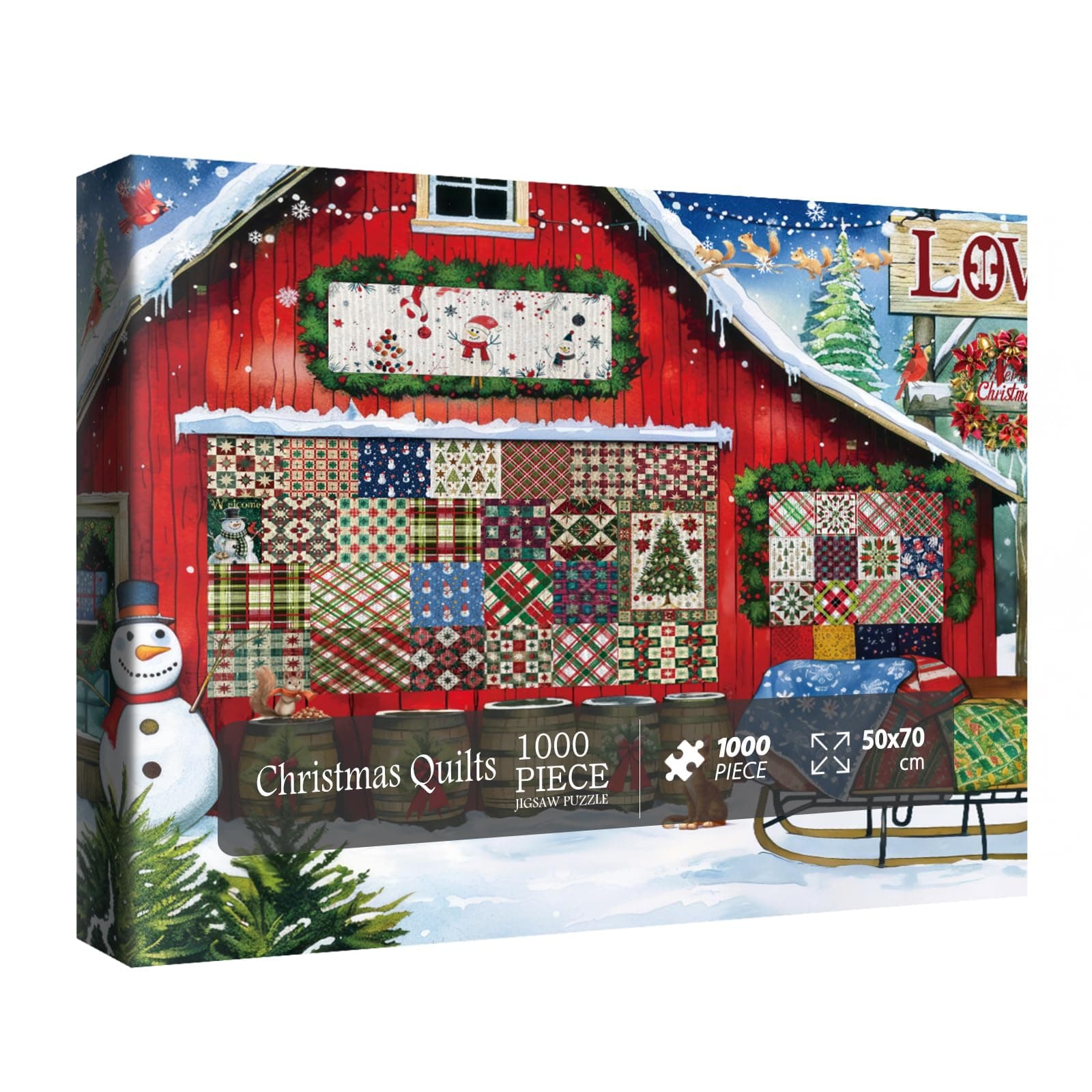Christmas Barn Quilt Puzzles for Adults 1000 Pieces, Winter Xmas Holiday Jigsaw Puzzles, Art Snowman Farm Puzzles