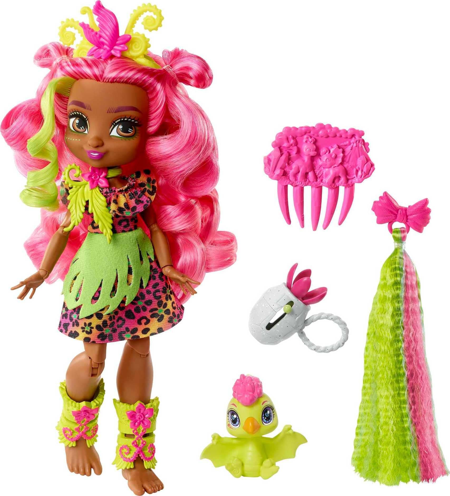 Mattel Cave Club Fernessa Doll (8-10-inch, Pink Hair) Poseable Prehistoric Fashion Doll with Dinosaur Pet and Accessories, Gift for 4 Year Olds and Up