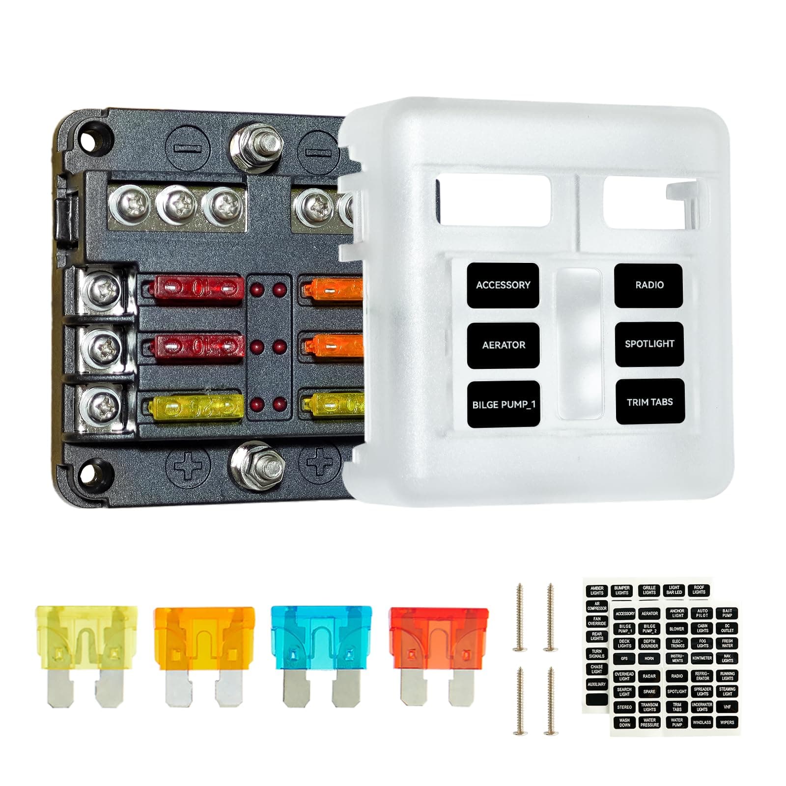 SOYOND 12 Volt Fuse Block, Boat Marine Fuse Block Panel with LED Warning Indicator Damp-Proof Cover 6 Circuits Fuse Box with Negative Bus Fuse Panel for Car Boat RV Truck Dc 12-24v