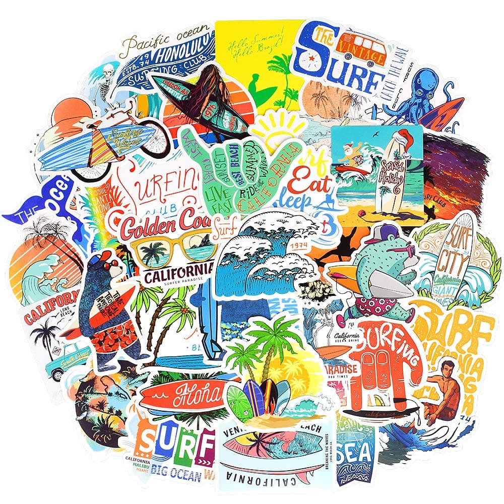 Surf Stickers for Teens Girls Boys Surfing Laptop Stickers for Water Bottles Surfboard Waterproof Vinyl Stickers Surfer Stickers Pack 50Pcs''
