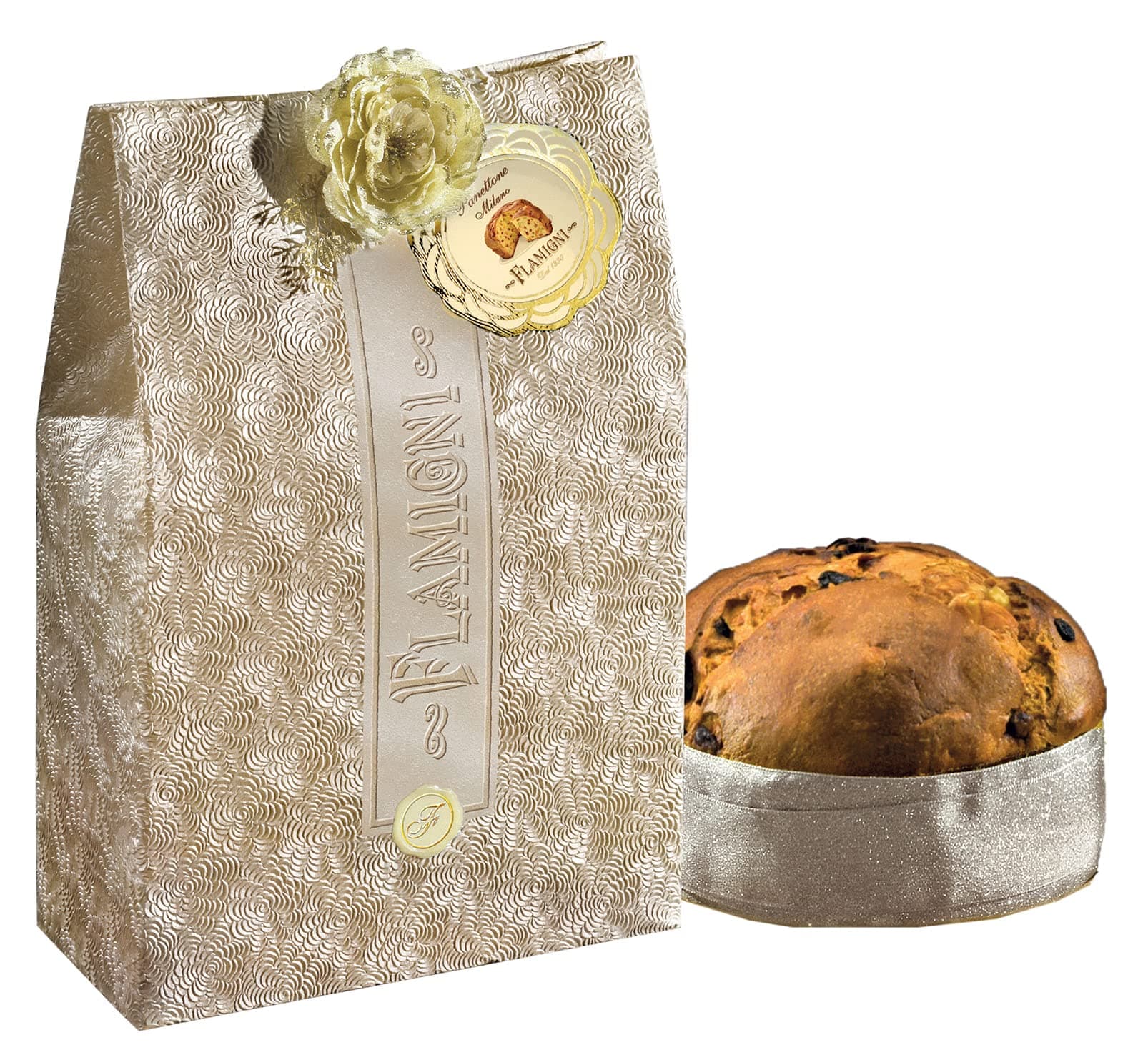 Flamigni 1930 Artisanal Milano Panettone Natural Leavened Hand Wrapped Luxury Gift Bag 1Kg, Silver