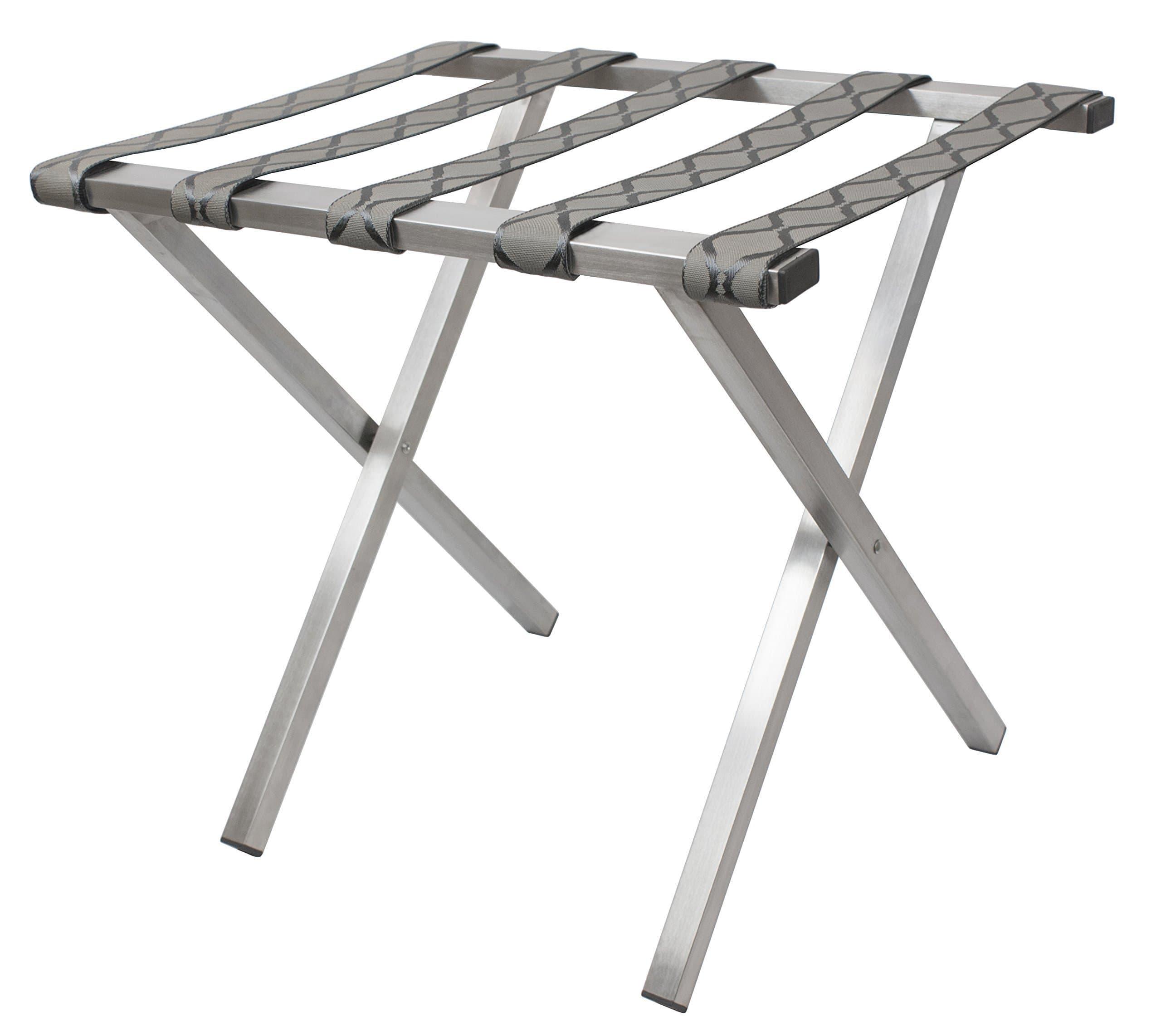 Wholesale Hotel Products Brushed Stainless Steel Luggage Rack, Tapestry Straps, Square Tubing, Gray