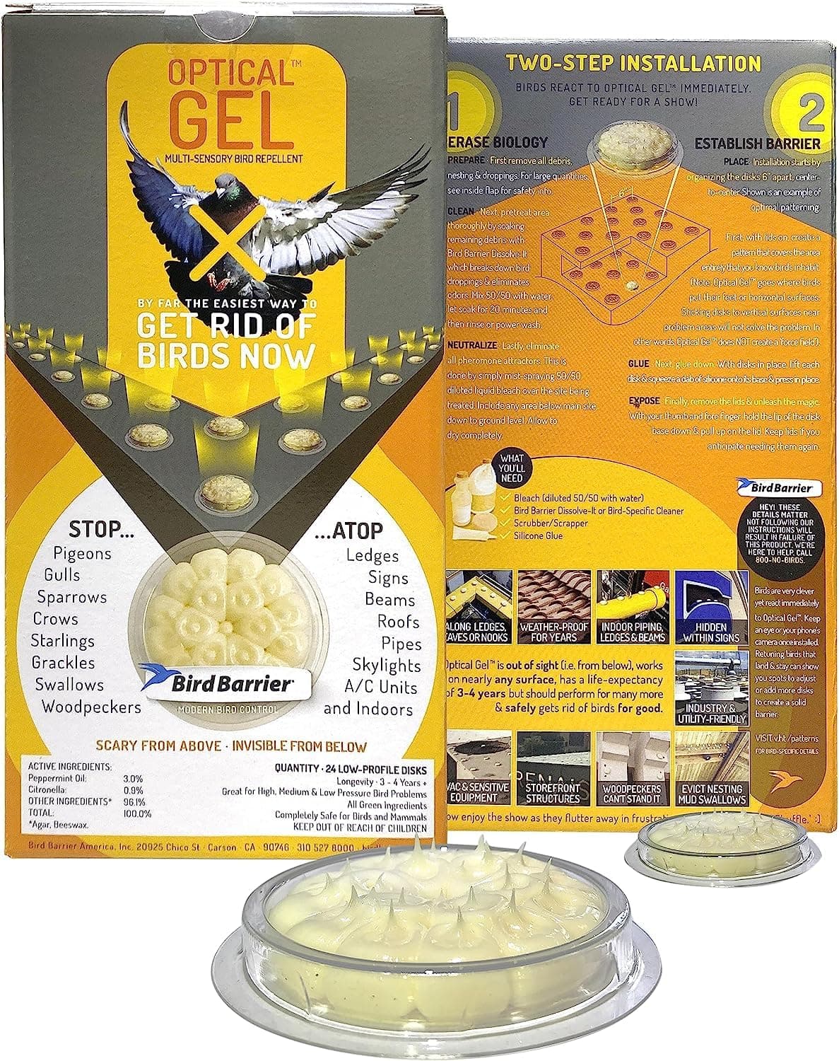 Optical Gel (24 Pack) Multi-Sensory Bird Repellent. Seen as Dishes of Fire that scares birds away. Humane Alternative to Bird Spikes. Effective as a Woodpecker, Pigeon and Bird Deterrent