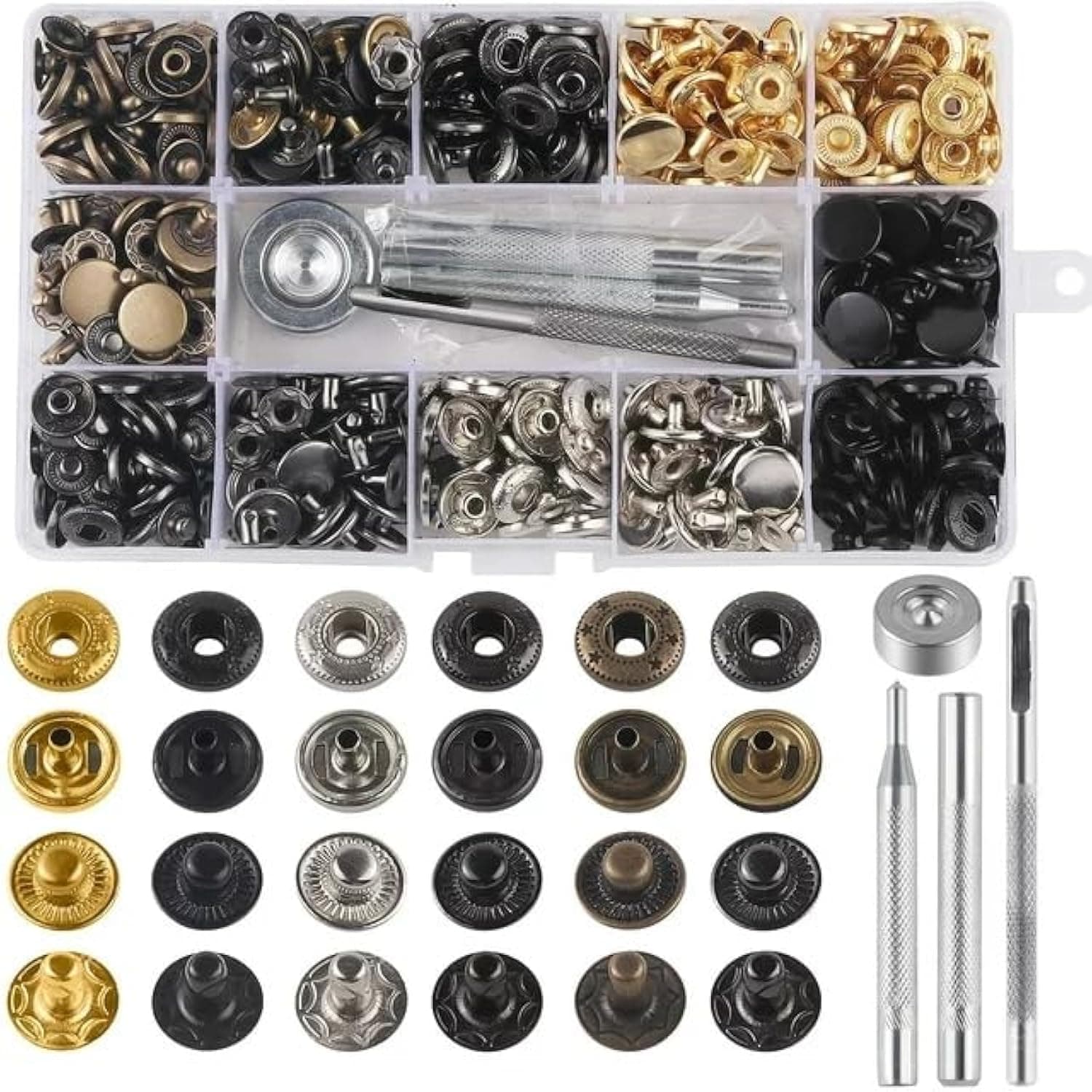 LOVEQI 120 Sets Leather Snap Fasteners Kit, 12.5mm Metal Snaps Buttons Press Studs with 4 Fixing Tools, 6 Colors Sewing Snaps for Clothes Leather Craft Bracelets Jeans Wears Jackets Bags Belt