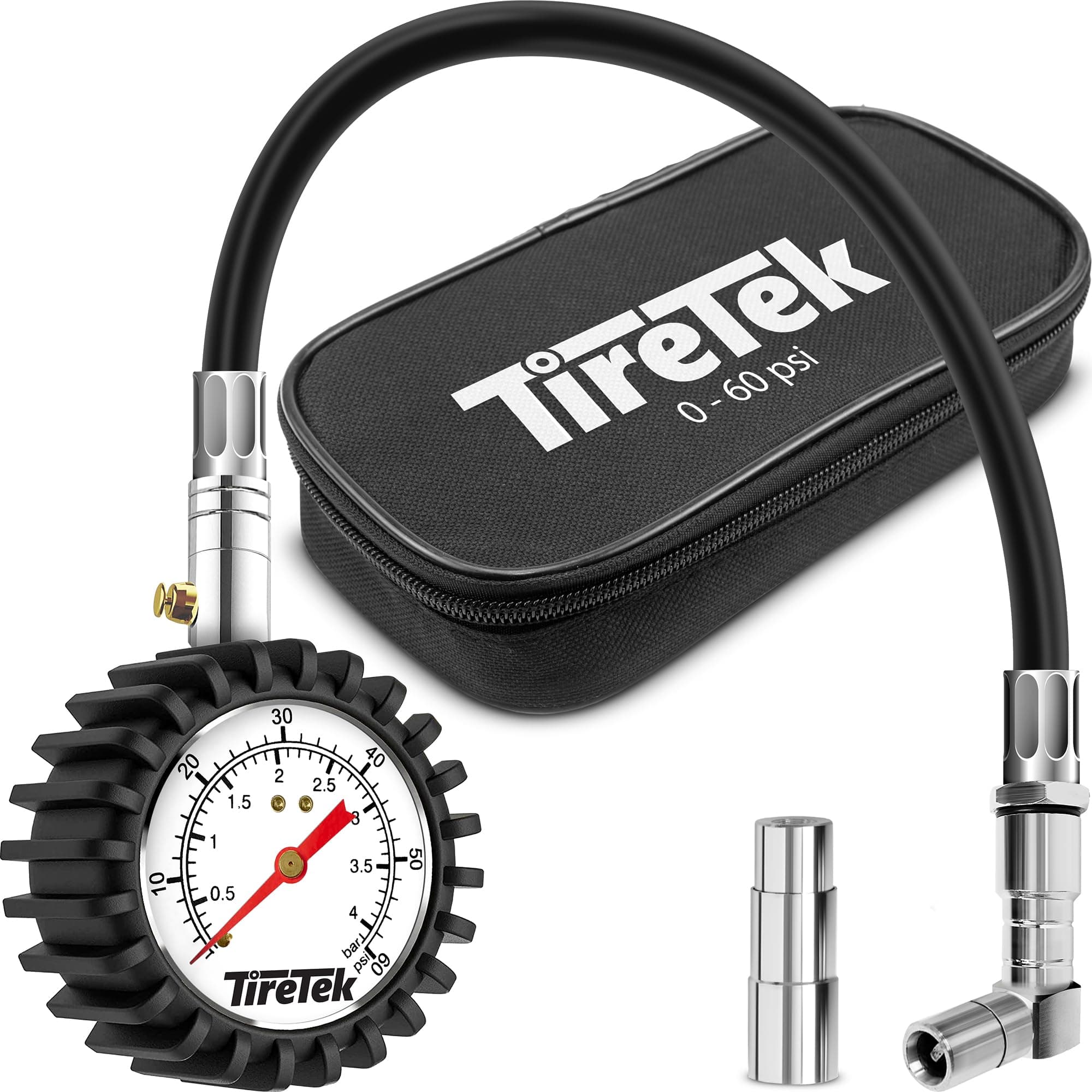 Mountain Bike Presta Tire Pressure Gauge, 60 PSI w/Interchangeable Presta Valve & Schrader Valve Air, Easy to Read Glow Dial Bike Tire Gauge w/Storage Pouch for Any Mountain Bike Accessories