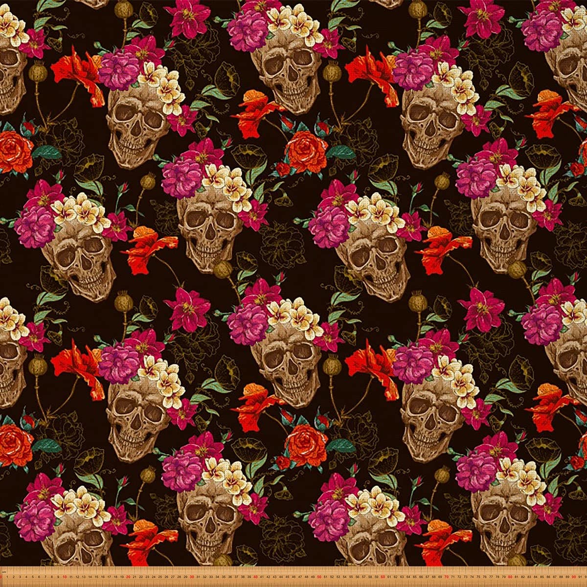 Loussiesd Rose Sugar Skull Upholstery Fabric for Chairs,Rose Floral Fabric by The Yard,Halloween Pesonalized Skeleton Bones Fabric for Upholstery and DIY Projects,1 Yard,(L92*W150cm) Red Black