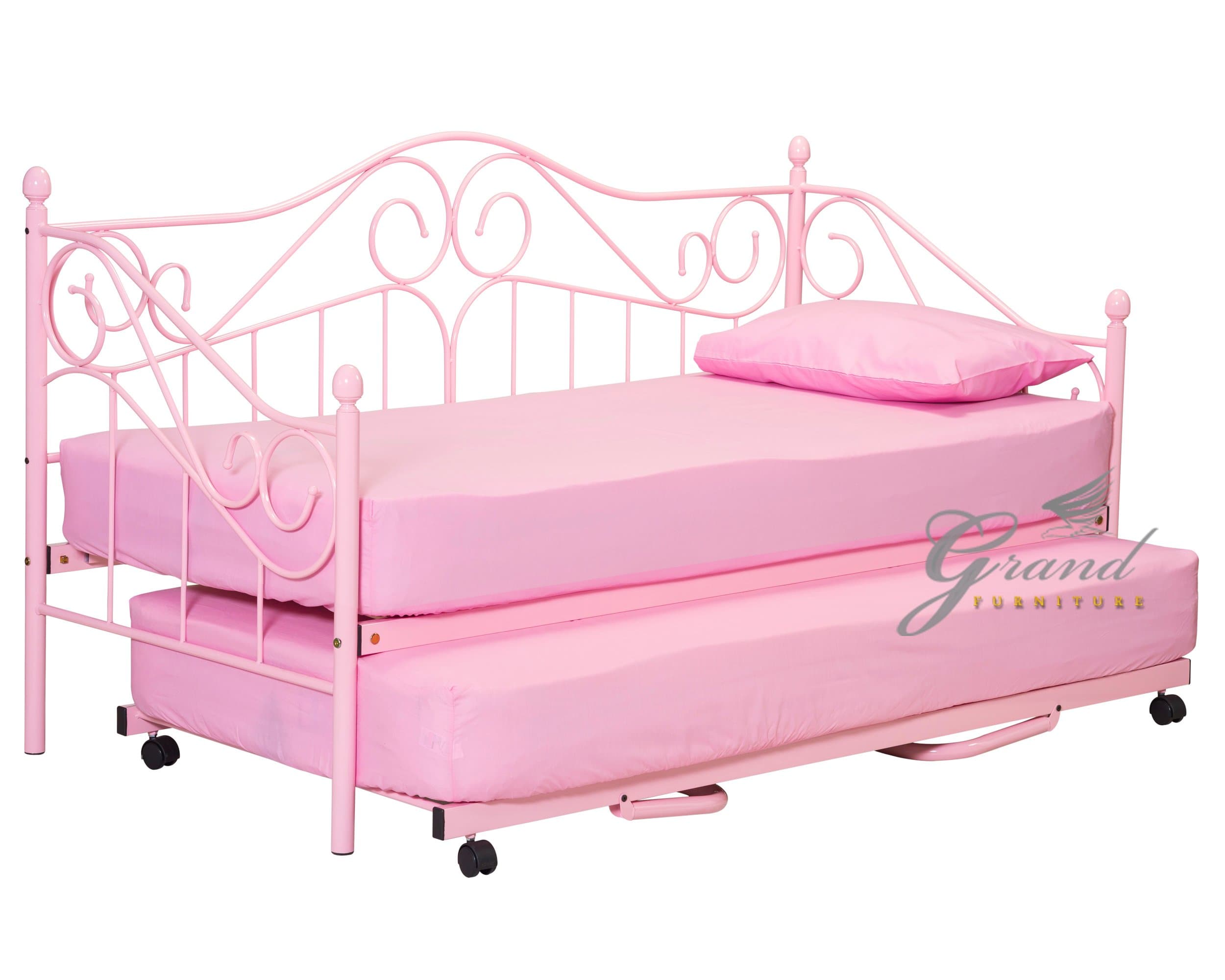 Joseph Pink Girls Metal Day Bed with Trundle Victorian Style 3FT Single Guest Bed Frame (With Trundle)
