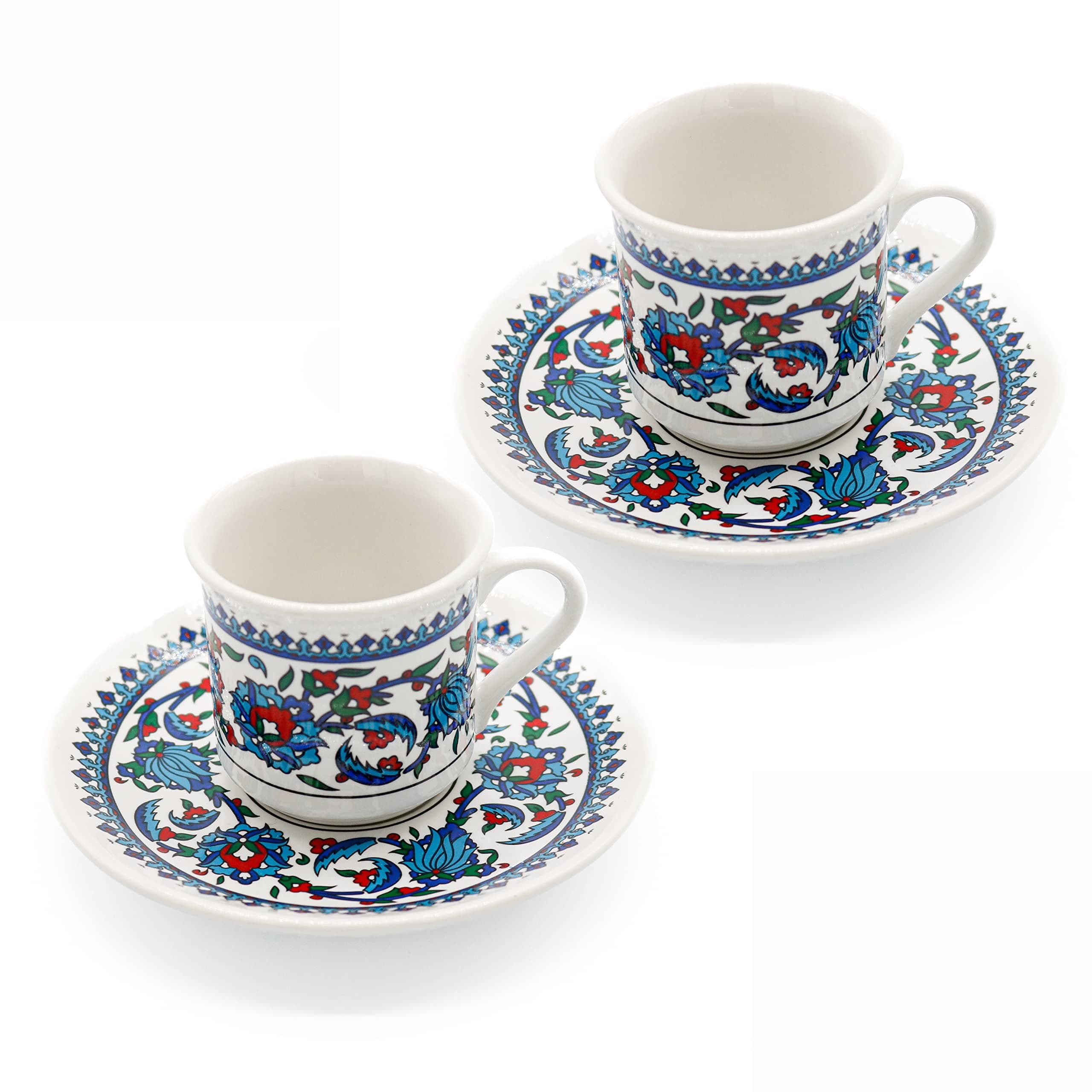 Turkish Coffee Cup Set of 2 with Saucers & Holder – Ceramic, Dishwasher-Safe, Keeps Warm – Patterned Turkish Espresso Cups Set for Home & Office (Standart, 2, Count)