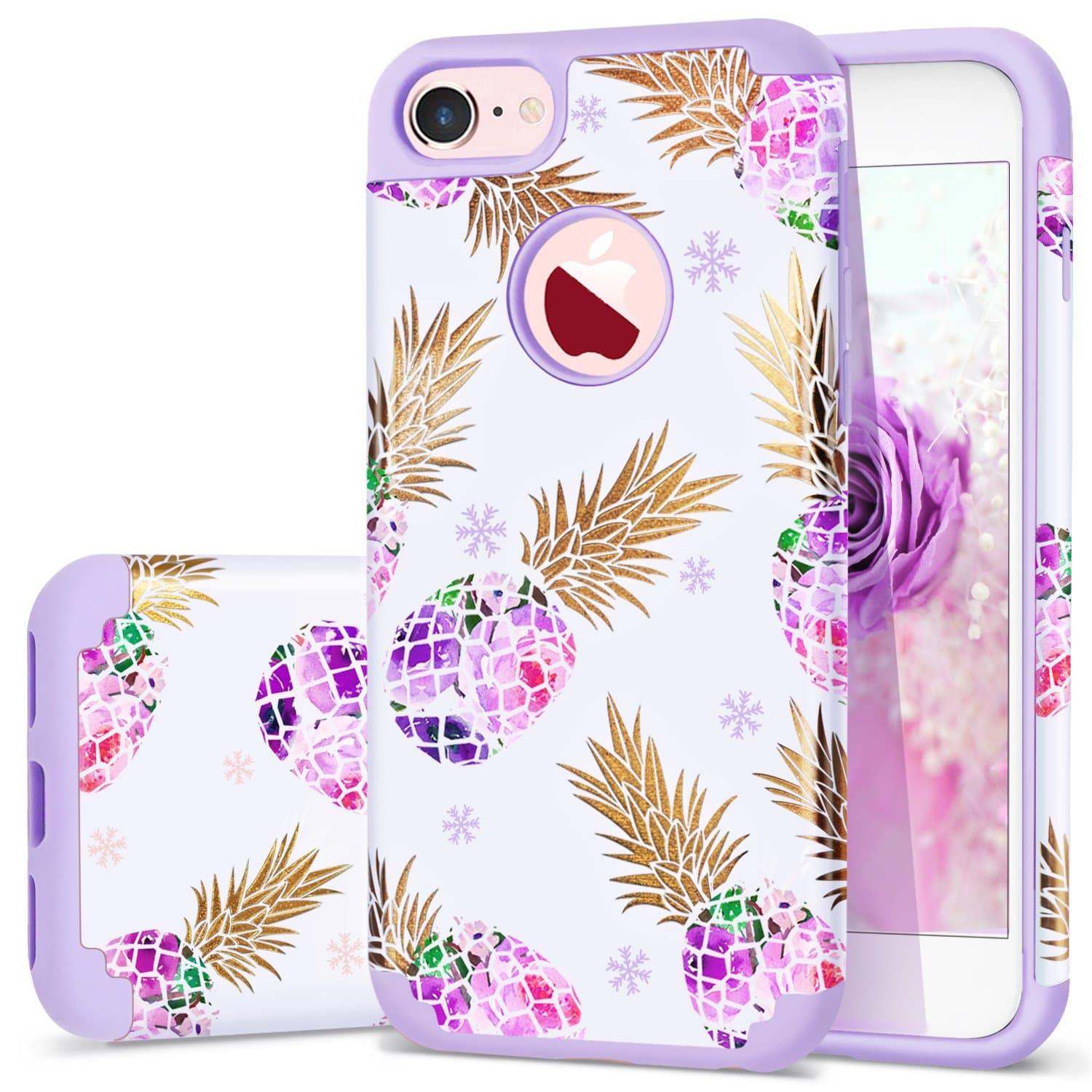 Pineapple iPhone 8 Case,iPhone 7 Case,Fingic Ultra Slim Floral Pineapple Cover Hard PC Soft Rubber Anti-Scratch Shockproof Protective Skin Cover for iPhone 7/iPhone 8,Flower Pineapple/Purple
