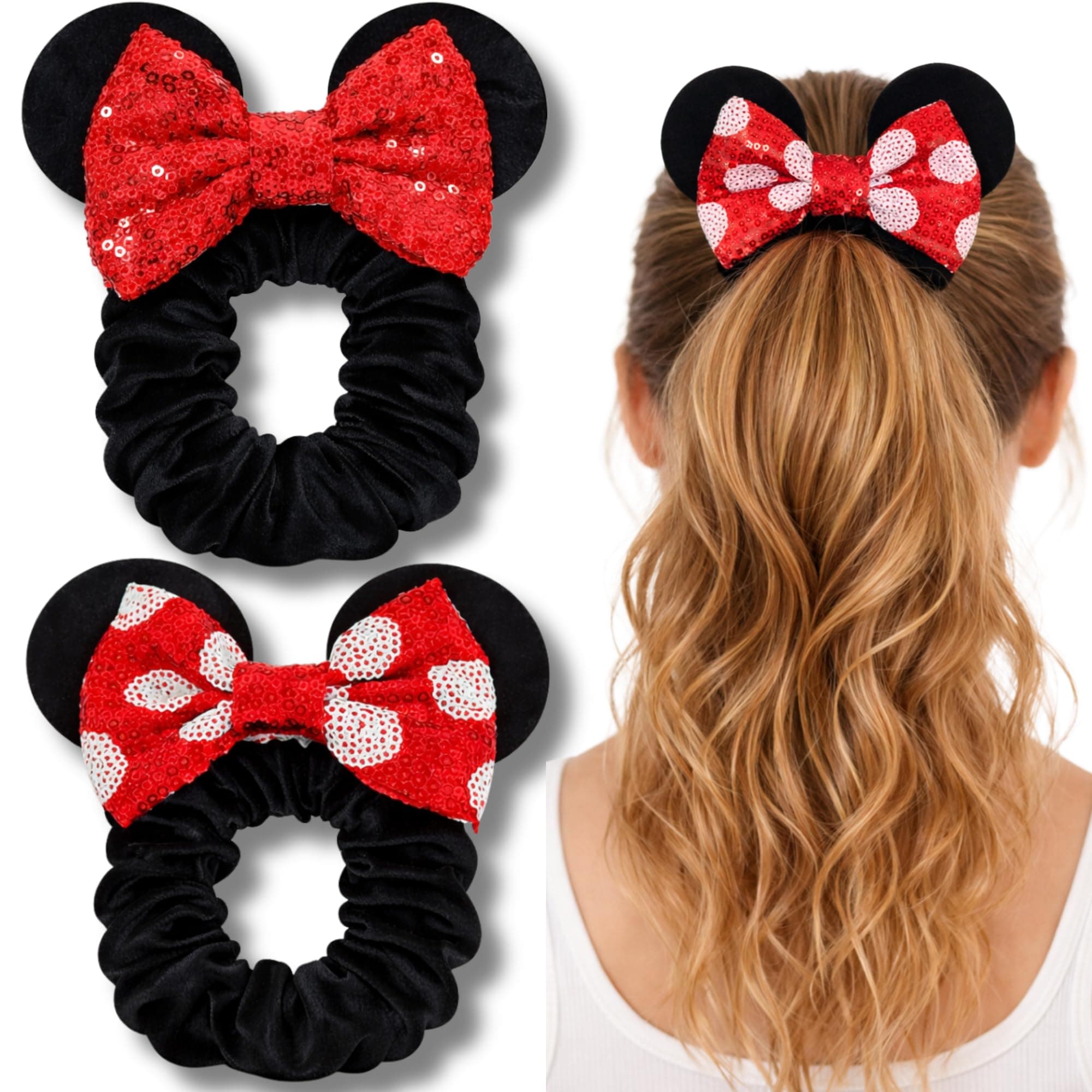 2 Pack Mouse Ear Scrunchies – Velvet Bow Hair Scrunchies with Sequin Ears – Cute Ponytail Holder Hair Accessories for Women by Styla Hair (Red Black)