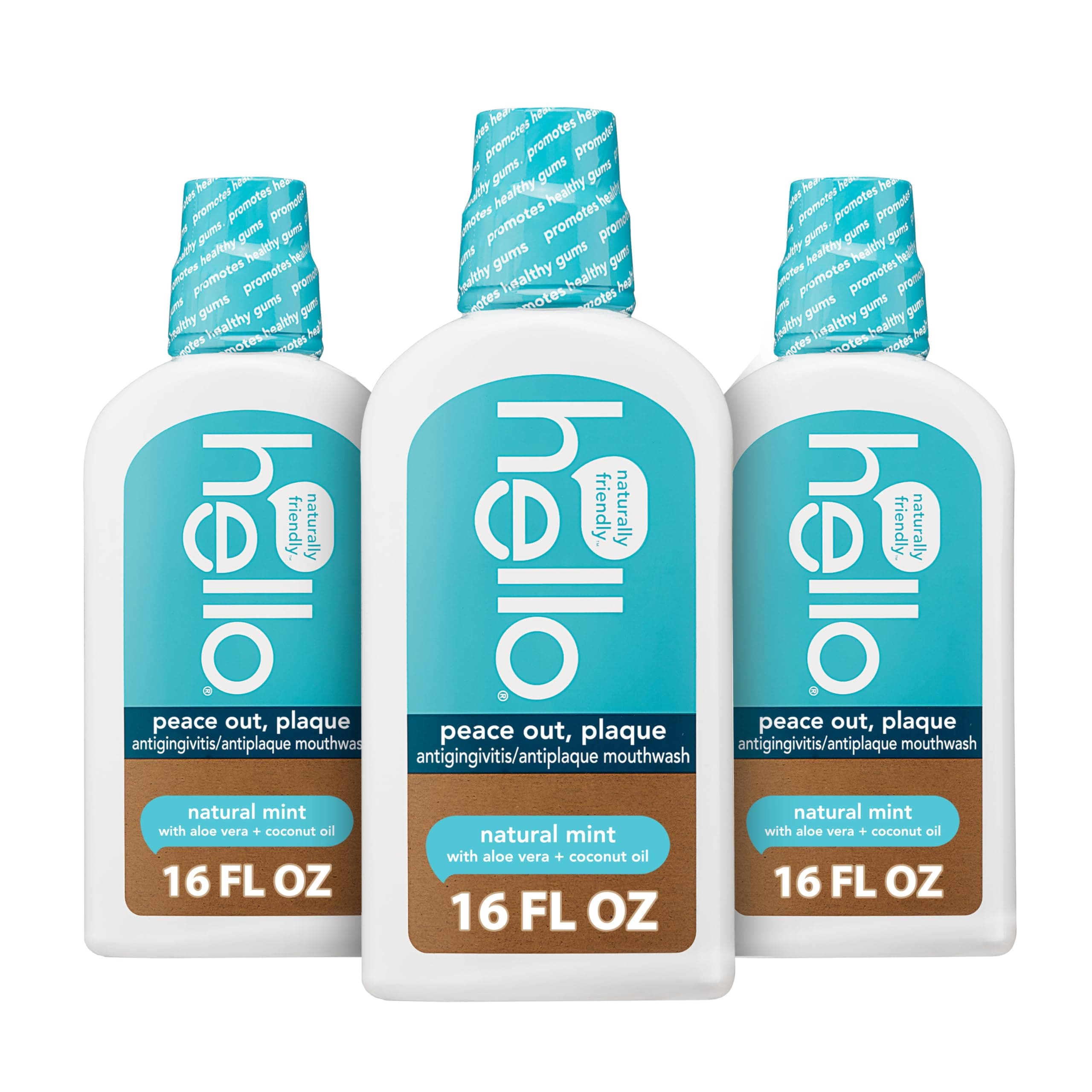 Hello Peace Out Plaque, Antigingivitis Alcohol Free Mouthwash, Natural Mint with Aloe Vera and Coconut Oil, Fluoride Free, Vegan, SLS Free and Gluten Free, 16 Ounce (Pack of 3)