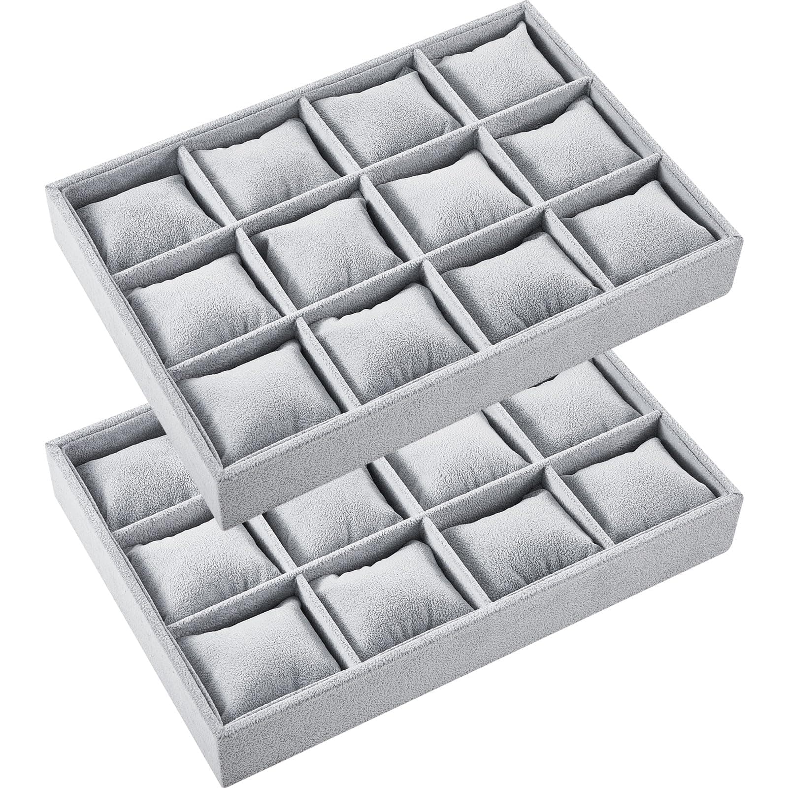 Henoyso 2 Pieces 12 Grid Velvet Watch Tray Jewelry Organizer Stackable Watch Bracelet Bangle Display Holder Adjustable Pillow (Gray)
