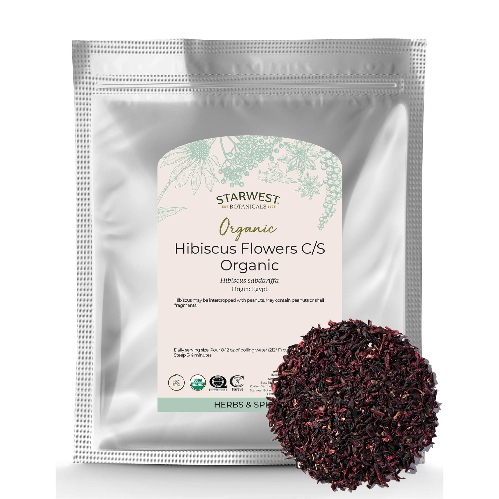 Starwest Botanicals Organic Hibiscus Flowers - Dried Hibiscus Flowers for Loose Leaf Herbal Tea, Caffeine Free, Cut & Sifted, Certified Kosher, Non-GMO - Bulk 1 lb Bag
