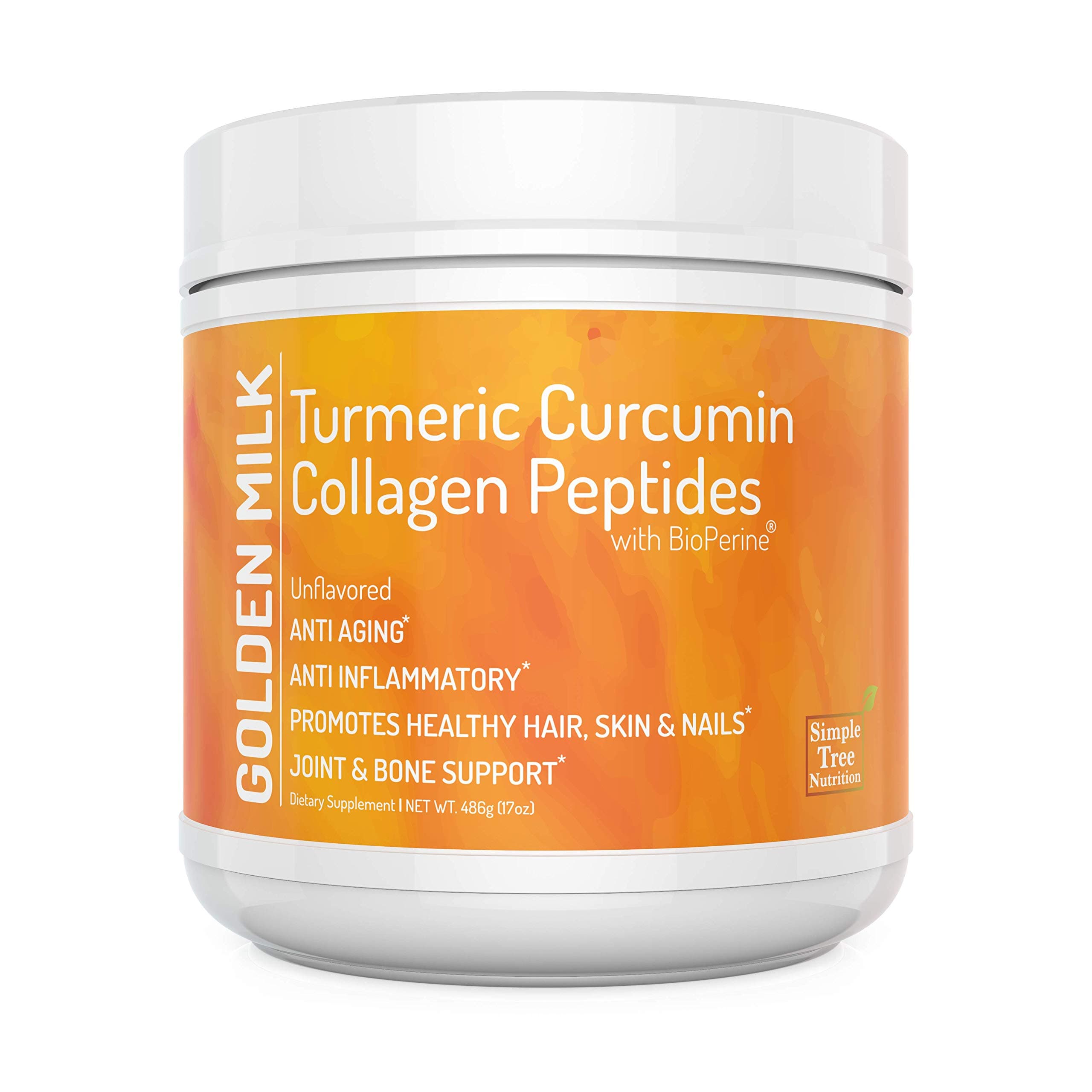 Unflavored Golden Milk Superfood with Turmeric Root Extract 95% Curcuminoids and Hydrolized Collagen (Peptides) with Black Pepper Fruit Extract (BioPerine) in Combination with Vitamin C, (486g)