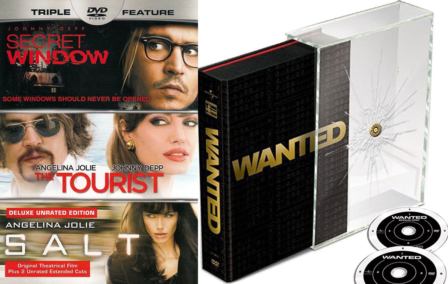 Angelina Jolie Collection Wanted Collectors Edition DVD + Salt Action Movie The Tourist & Secret Window 4 Film Set