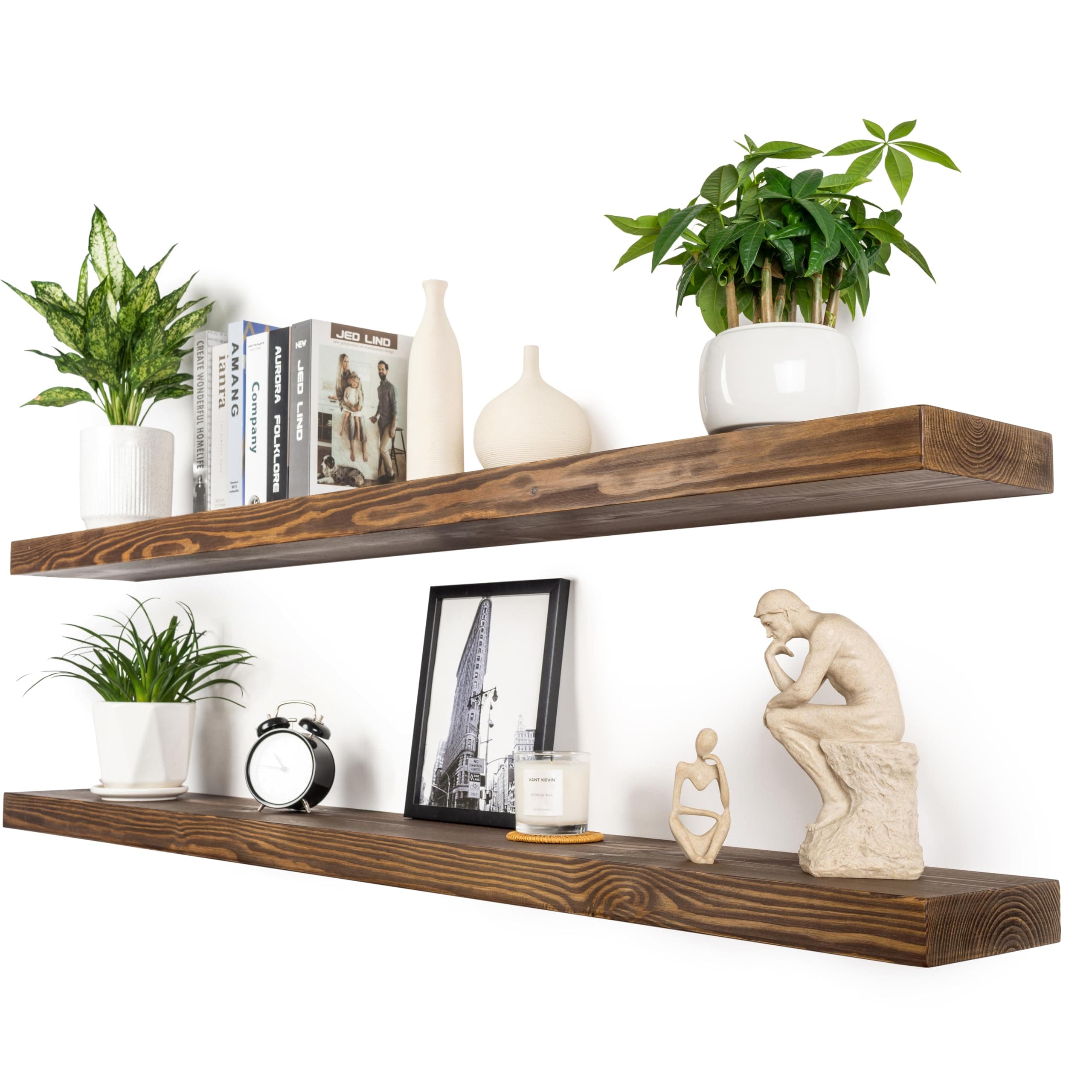 Walnut Floating Shelves 60 Inch Long 8-in Deep Set of 2, High End Real Solid Wood Floating Shelves for Wall,Suitable for Kitchen and Coffee Bar, with Sturdy Hidden Bracket