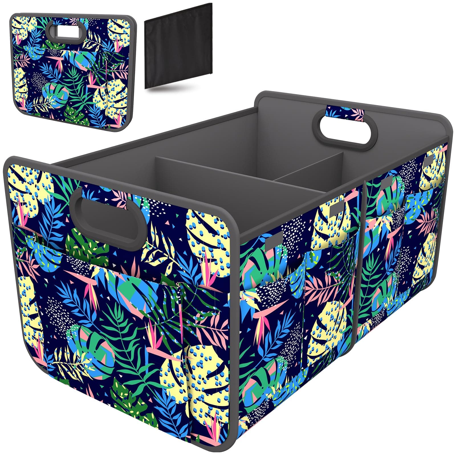 Homeve Trunk Organizer, Car Storage, Reinforced Handles, Collapsible Multi-Compartment Car Organizers, Foldable, Waterproof, 600D Oxford Polyester (Color Leaves, 2 Compart)